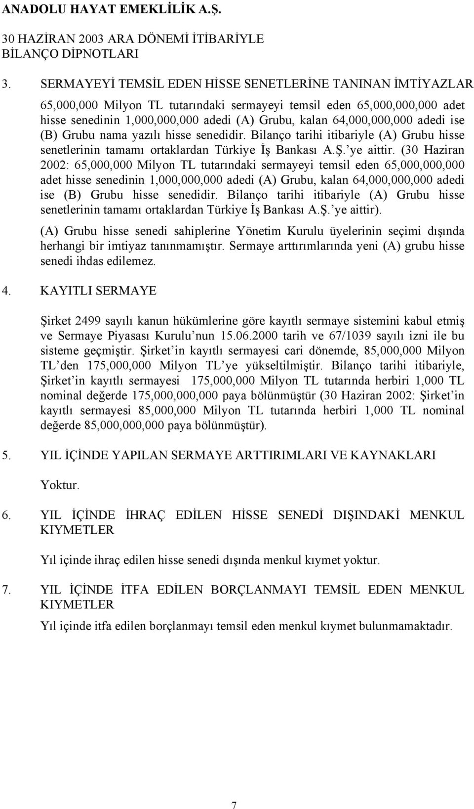 (30 Haziran 2002: 65,000,000 Milyon TL tutarındaki sermayeyi temsil eden 65,000,000,000 adet hisse senedinin 1,000,000,000 adedi (A) Grubu, kalan 64,000,000,000 adedi ise (B) Grubu hisse senedidir.