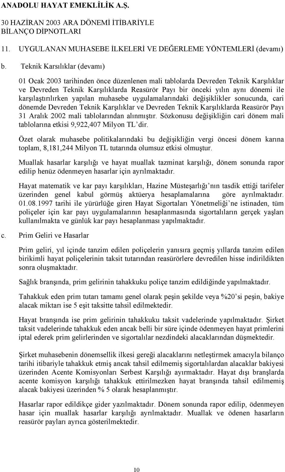 karşılaştırılırken yapılan muhasebe uygulamalarındaki değişiklikler sonucunda, cari dönemde Devreden Teknik Karşılıklar ve Devreden Teknik Karşılıklarda Reasürör Payı 31 Aralık 2002 mali