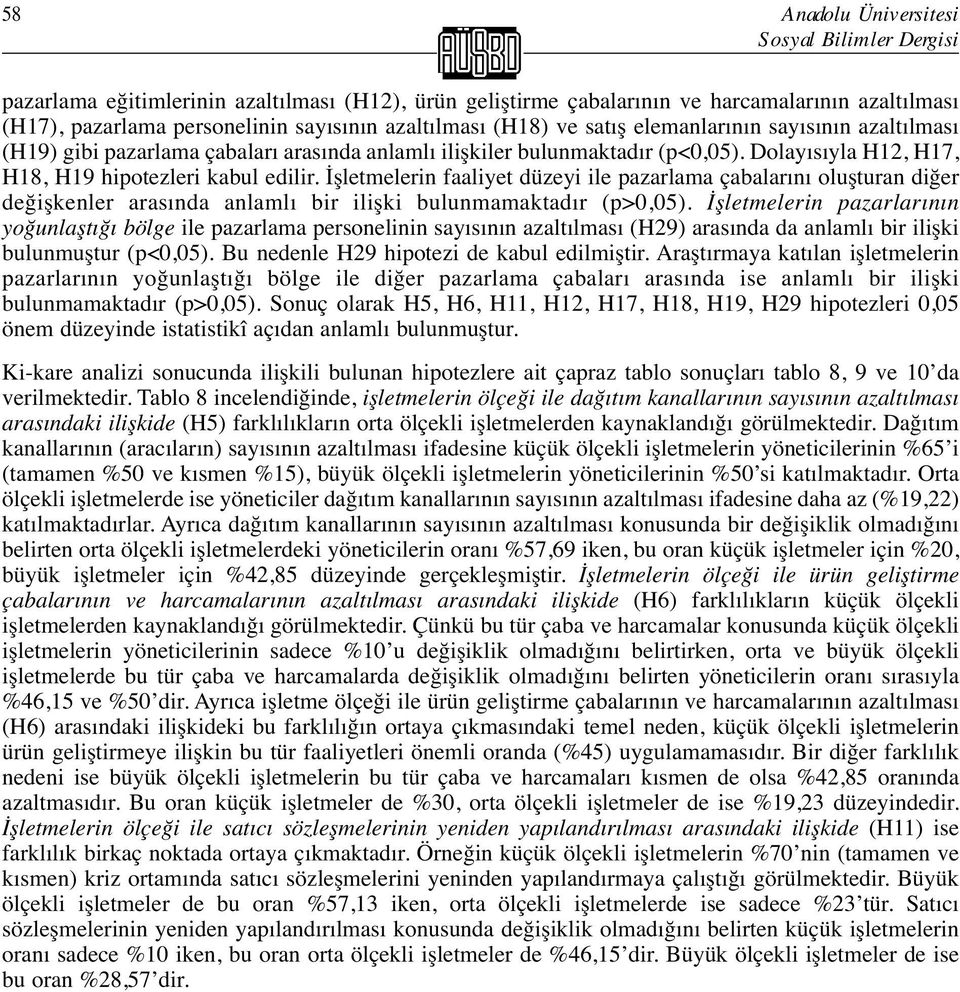 İşletmelerin faaliyet düzeyi ile pazarlama çabalarını oluşturan diğer değişkenler arasında anlamlı bir ilişki bulunmamaktadır (p>0,05).