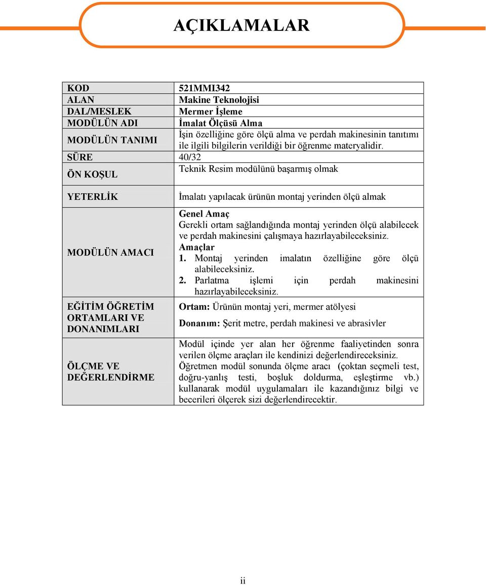 SÜRE 40/32 ÖN KOġUL Teknik Resim modülünü baģarmıģ olmak YETERLĠK MODÜLÜN AMACI EĞĠTĠM ÖĞRETĠM ORTAMLARI VE DONANIMLARI ÖLÇME VE DEĞERLENDĠRME Ġmalatı yapılacak ürünün montaj yerinden ölçü almak
