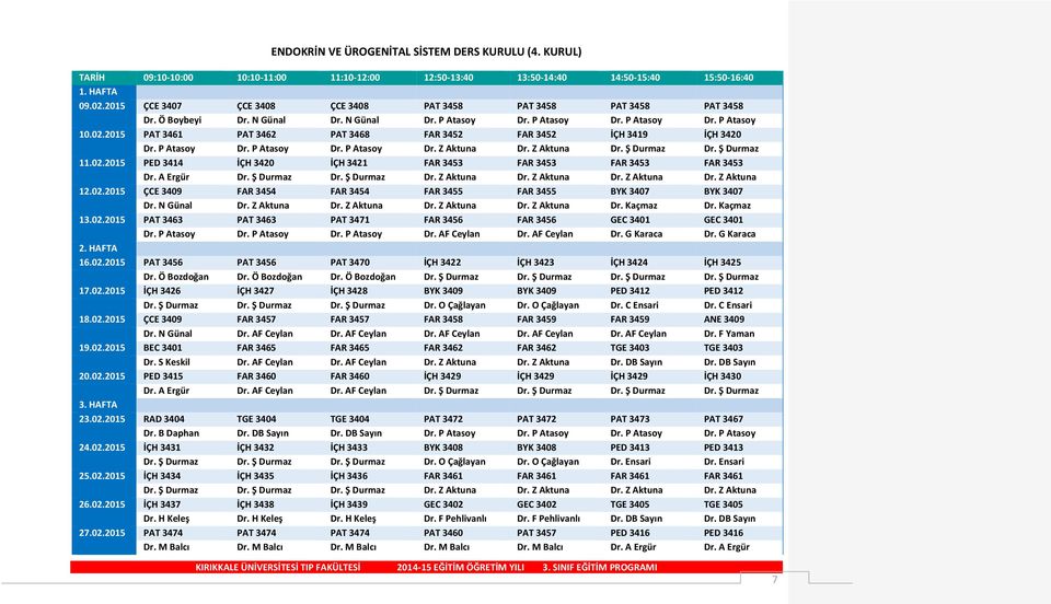 Ş Durmaz 11.02.2015 PED 3414 İÇH 3420 İÇH 3421 FAR 3453 FAR 3453 FAR 3453 FAR 3453 Dr. A Ergür Dr. Ş Durmaz Dr. Ş Durmaz Dr. Z Aktuna Dr. Z Aktuna Dr. Z Aktuna Dr. Z Aktuna 12.02.2015 ÇCE 3409 FAR 3454 FAR 3454 FAR 3455 FAR 3455 BYK 3407 BYK 3407 Dr.