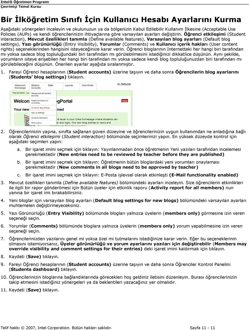 Öğrenci etkileşimi (Student interaction), Mevcut özellikleri tanımla (Define available features), Varsayılan blog ayarları (Default blog settings), Yazı görünürlüğü (Entry Visibility), Yorumlar