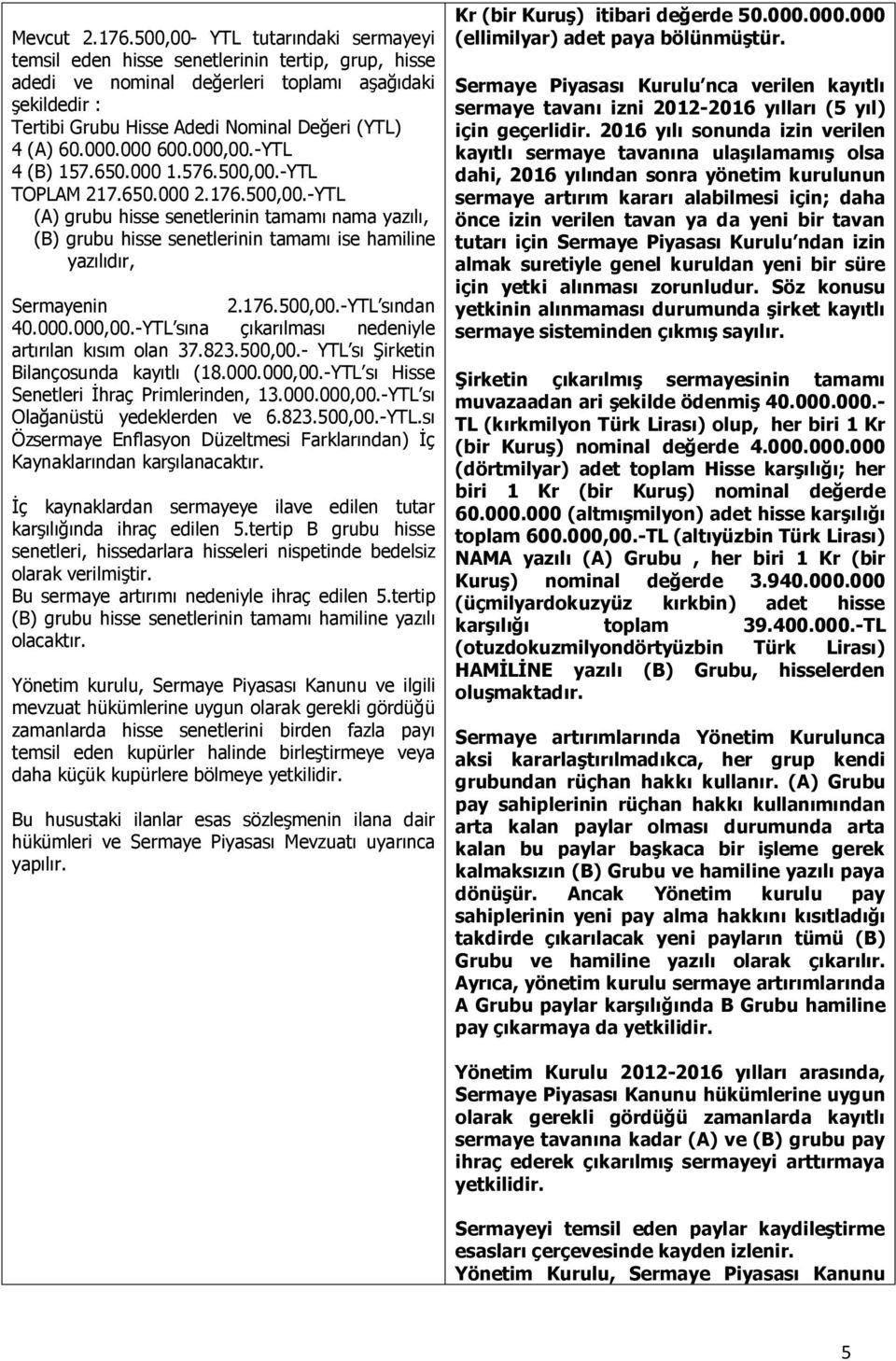 000.000 600.000,00.-YTL 4 (B) 157.650.000 1.576.500,00.-YTL TOPLAM 217.650.000 2.176.500,00.-YTL (A) grubu hisse senetlerinin tamamı nama yazılı, (B) grubu hisse senetlerinin tamamı ise hamiline yazılıdır, Sermayenin 2.