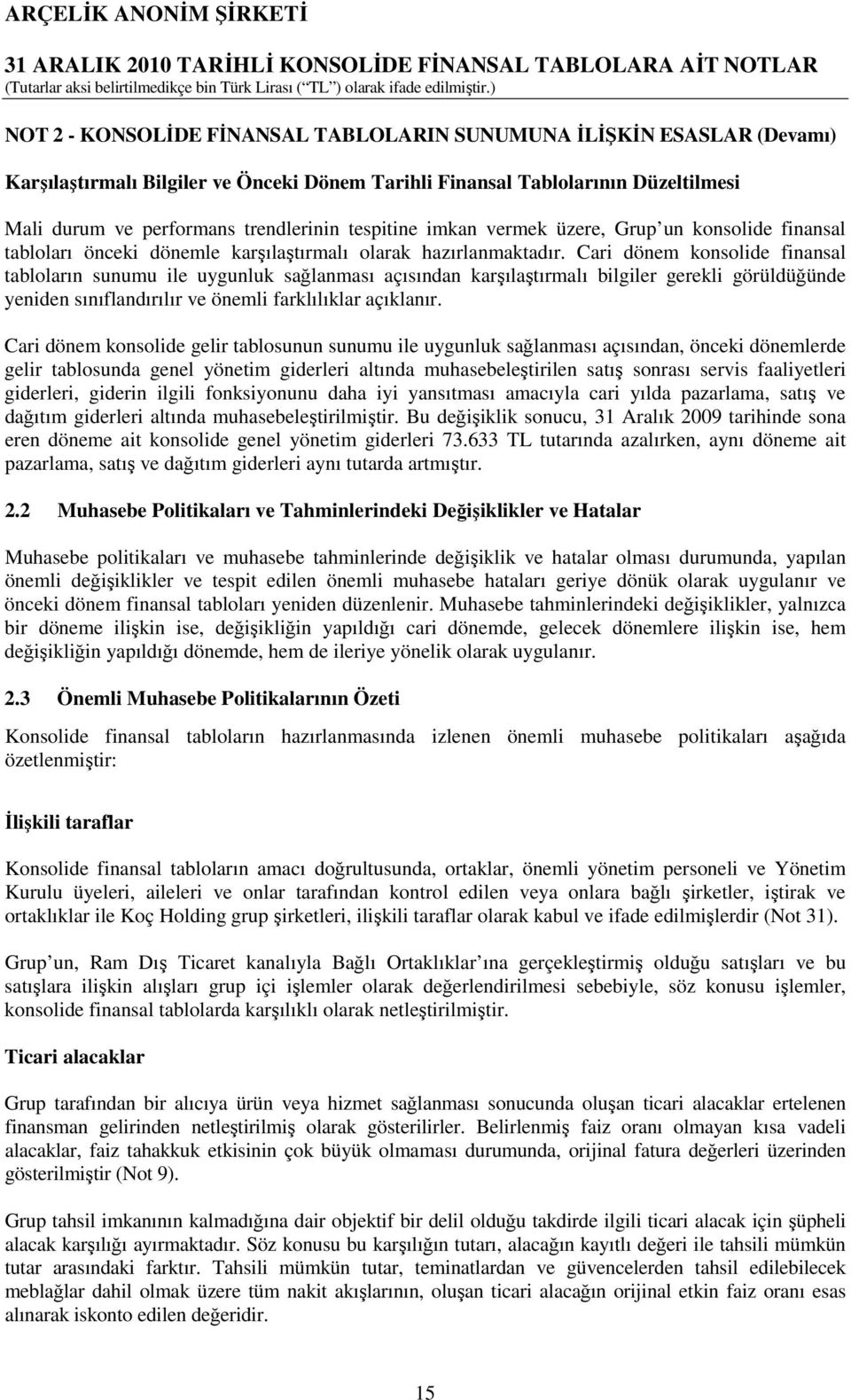 Cari dönem konsolide finansal tabloların sunumu ile uygunluk sağlanması açısından karşılaştırmalı bilgiler gerekli görüldüğünde yeniden sınıflandırılır ve önemli farklılıklar açıklanır.