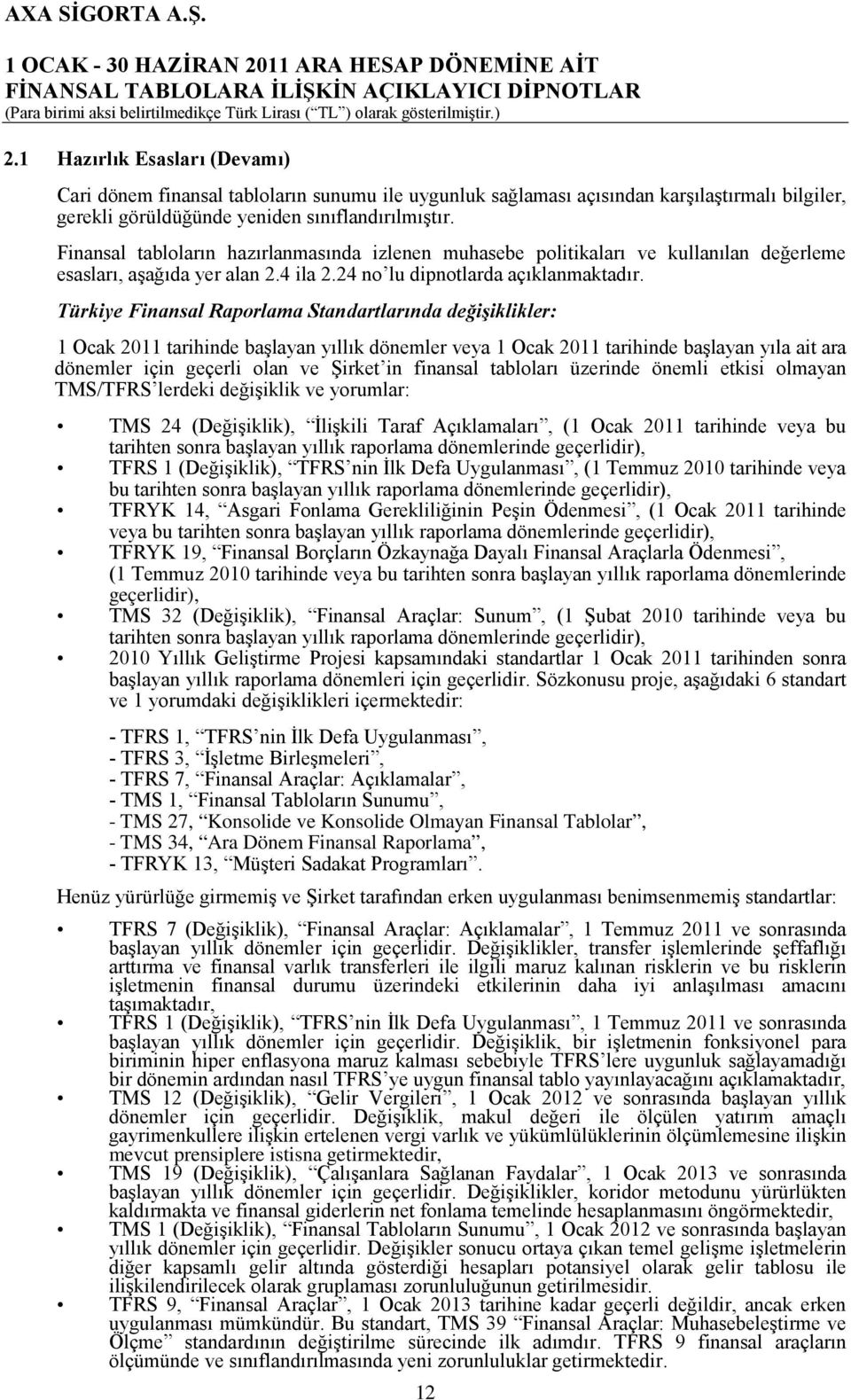 Türkiye Finansal Raporlama Standartlarında değişiklikler: 1 Ocak 2011 tarihinde başlayan yıllık dönemler veya 1 Ocak 2011 tarihinde başlayan yıla ait ara dönemler için geçerli olan ve Şirket in