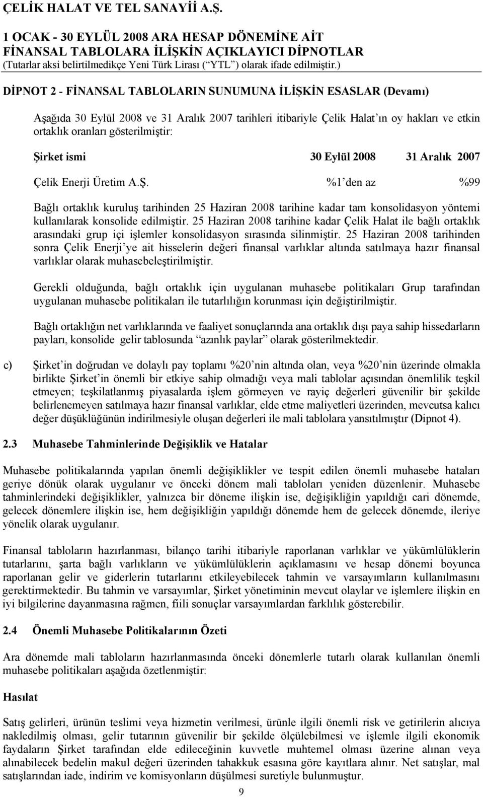 25 Haziran 2008 tarihine kadar Çelik Halat ile bağlı ortaklık arasındaki grup içi işlemler konsolidasyon sırasında silinmiştir.