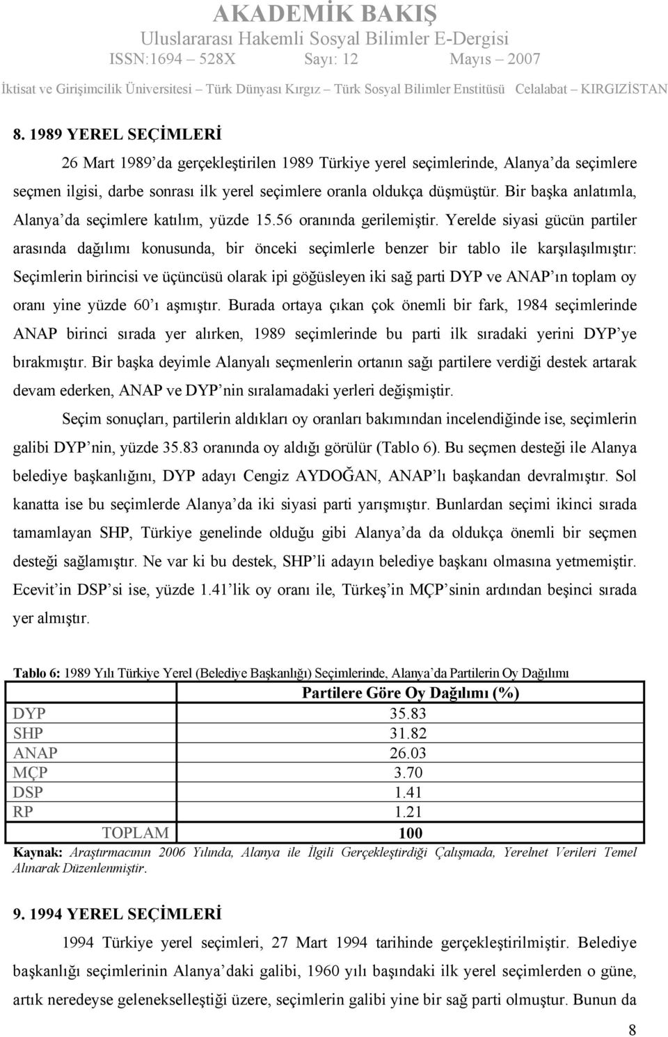 Yerelde siyasi gücün partiler arasında dağılımı konusunda, bir önceki seçimlerle benzer bir tablo ile karşılaşılmıştır: Seçimlerin birincisi ve üçüncüsü olarak ipi göğüsleyen iki sağ parti DYP ve