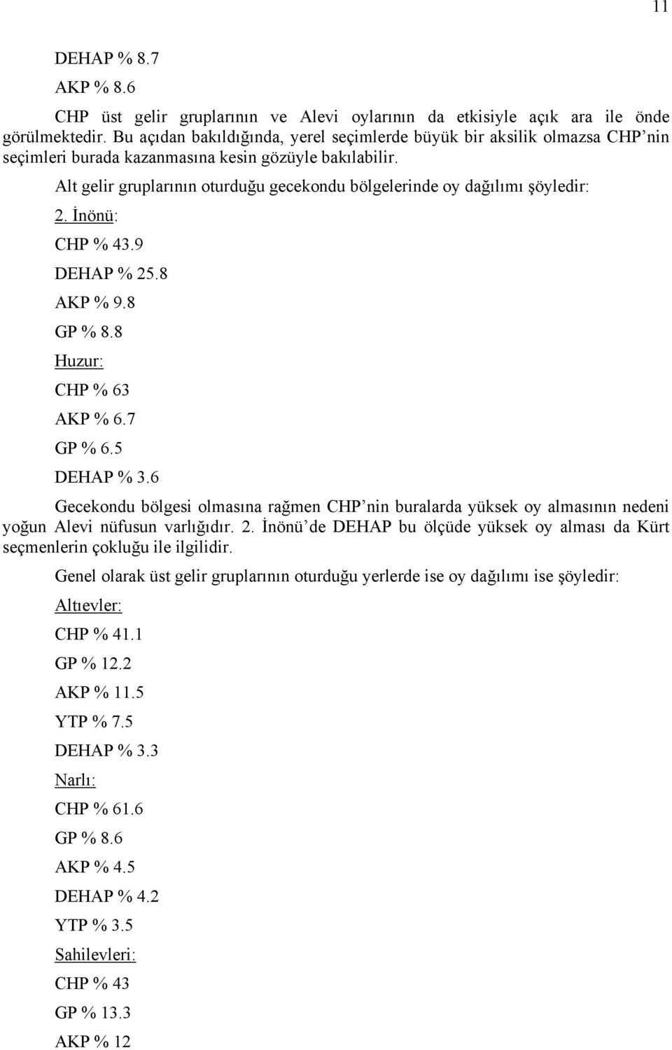 Alt gelir gruplarının oturduğu gecekondu bölgelerinde oy dağılımı şöyledir: 2. İnönü: CHP % 43.9 DEHAP % 25.8 AKP % 9.8 GP % 8.8 Huzur: CHP % 63 AKP % 6.7 GP % 6.5 DEHAP % 3.