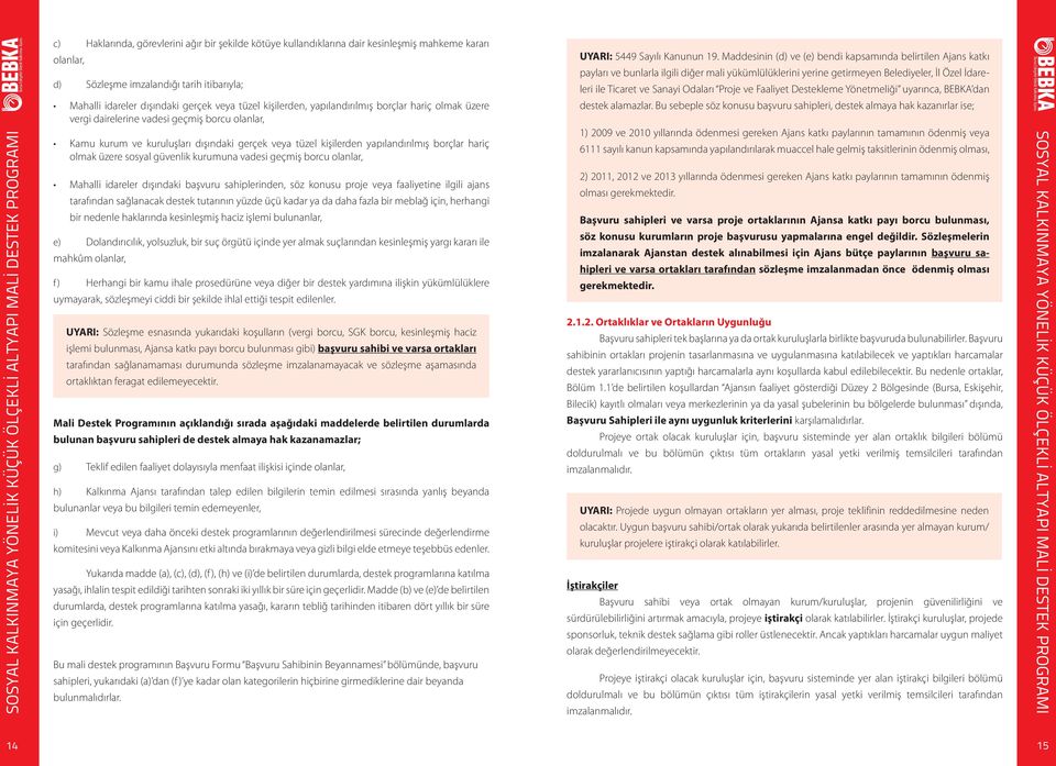 Proje ve Faaliyet Destekleme Yönetmeliği uyarınca, BEBKA dan Mahalli idareler dışındaki gerçek veya tüzel kişilerden, yapılandırılmış borçlar hariç olmak üzere vergi dairelerine vadesi geçmiş borcu