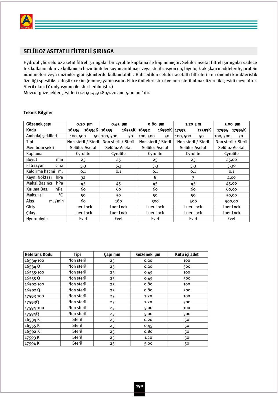 ifllemlerde kullan labilir. Bahsedilen selüloz asetatl filtrelerin en önemli karakteristik özelli i spesifiksiz düflük çekim (emme) yapmas d r.