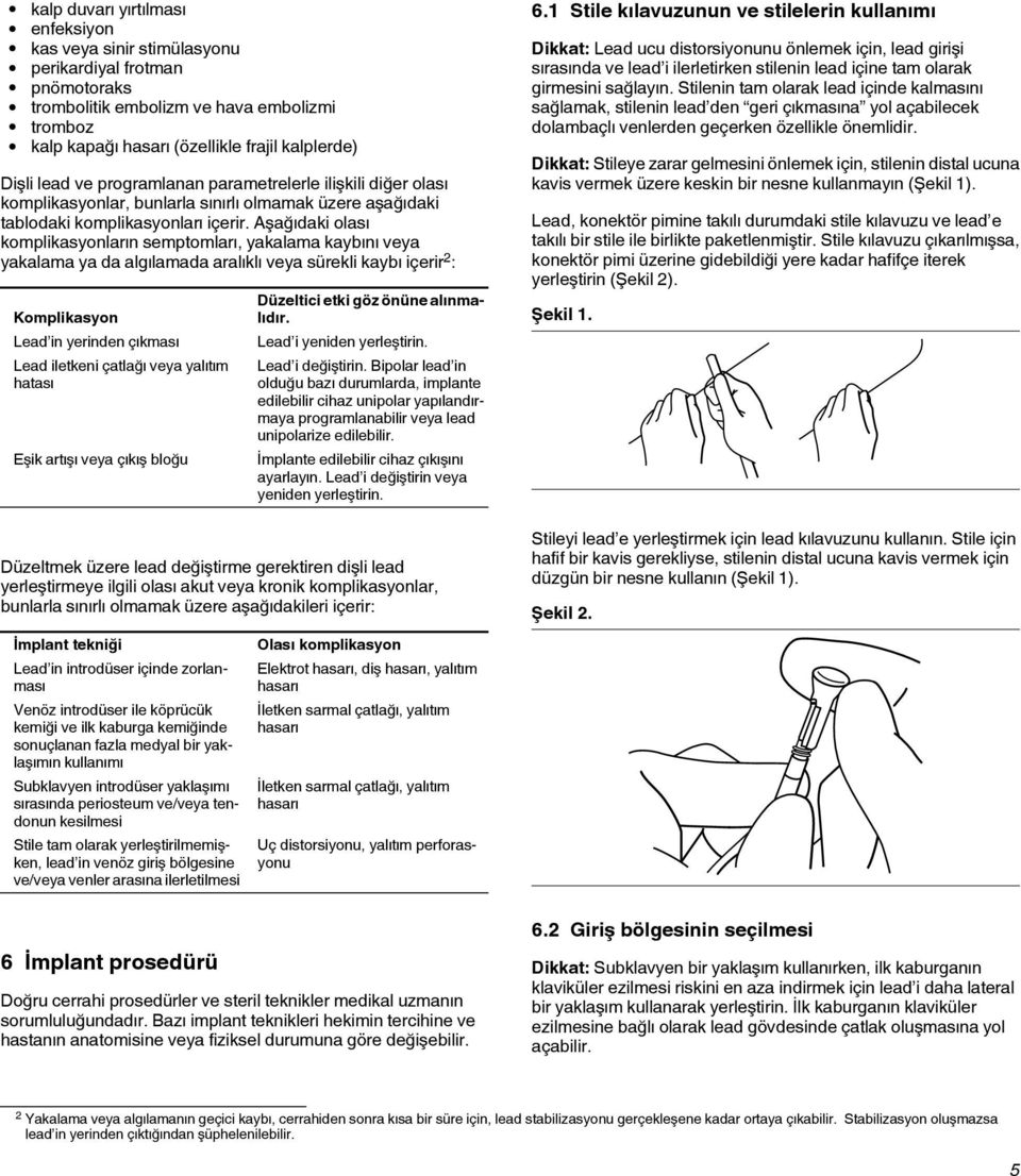 Aşağıdaki olası komplikasyonların semptomları, yakalama kaybını veya yakalama ya da algılamada aralıklı veya sürekli kaybı içerir 2 : Komplikasyon Lead in yerinden çıkması Lead iletkeni çatlağı veya