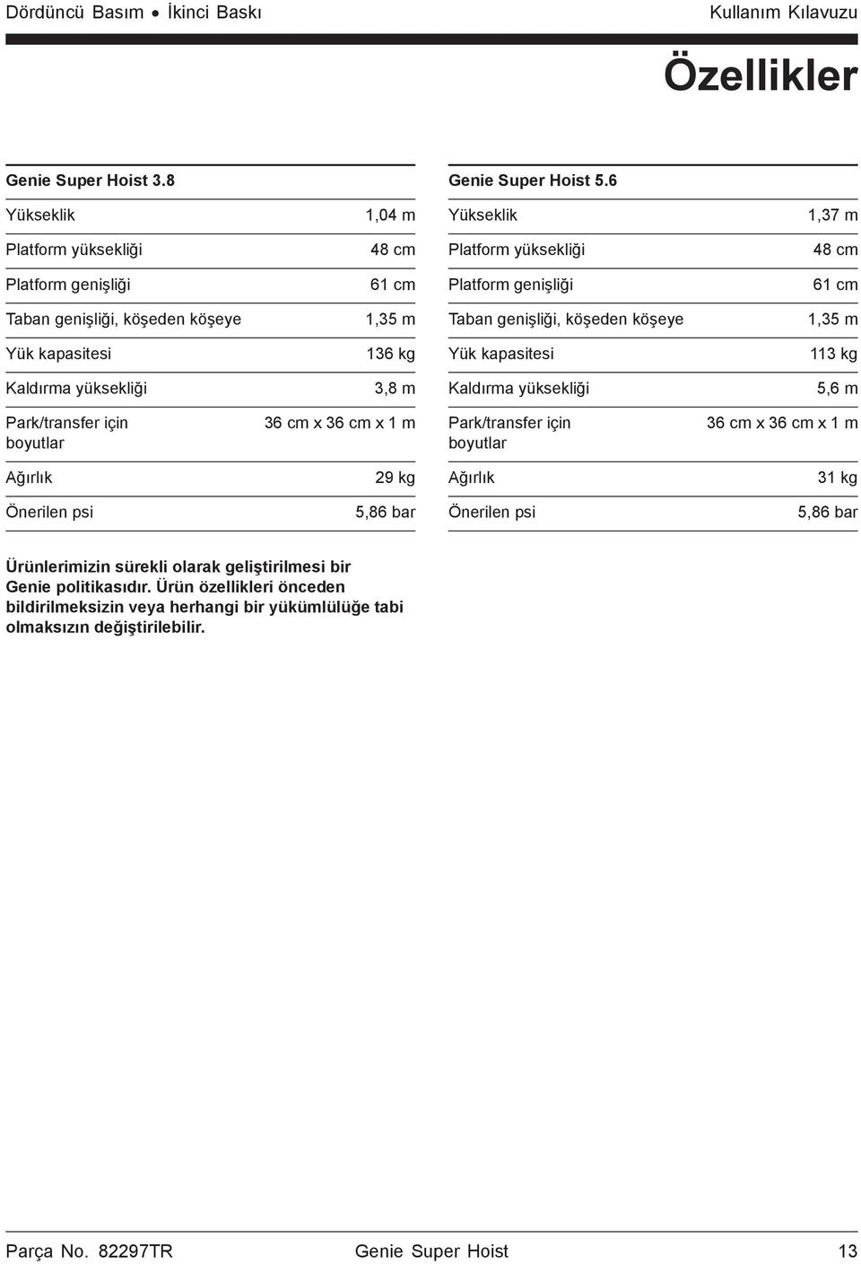 köşeden köşeye 1,35 m Yük kapasitesi 136 kg Yük kapasitesi 113 kg Kaldırma yüksekliği 3,8 m Kaldırma yüksekliği 5,6 m Park/transfer için boyutlar 36 cm x 36 cm x 1 m Park/transfer için boyutlar 36