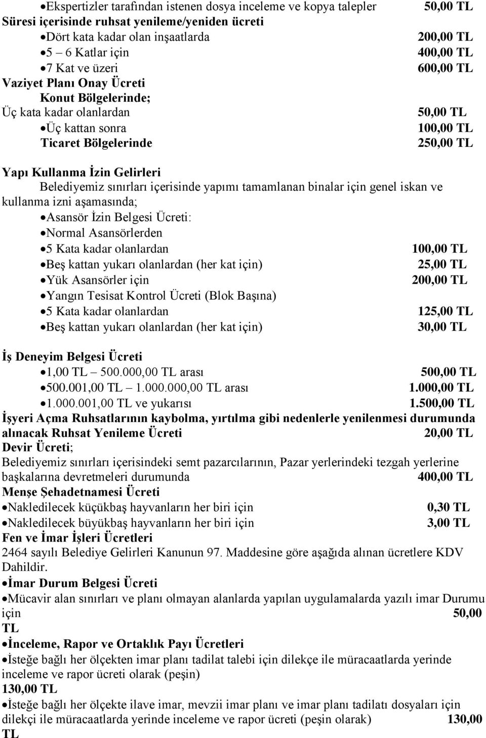 sınırları içerisinde yapımı tamamlanan binalar için genel iskan ve kullanma izni aşamasında; Asansör Ġzin Belgesi Ücreti: Normal Asansörlerden 5 Kata kadar olanlardan 100,00 TL Beş kattan yukarı