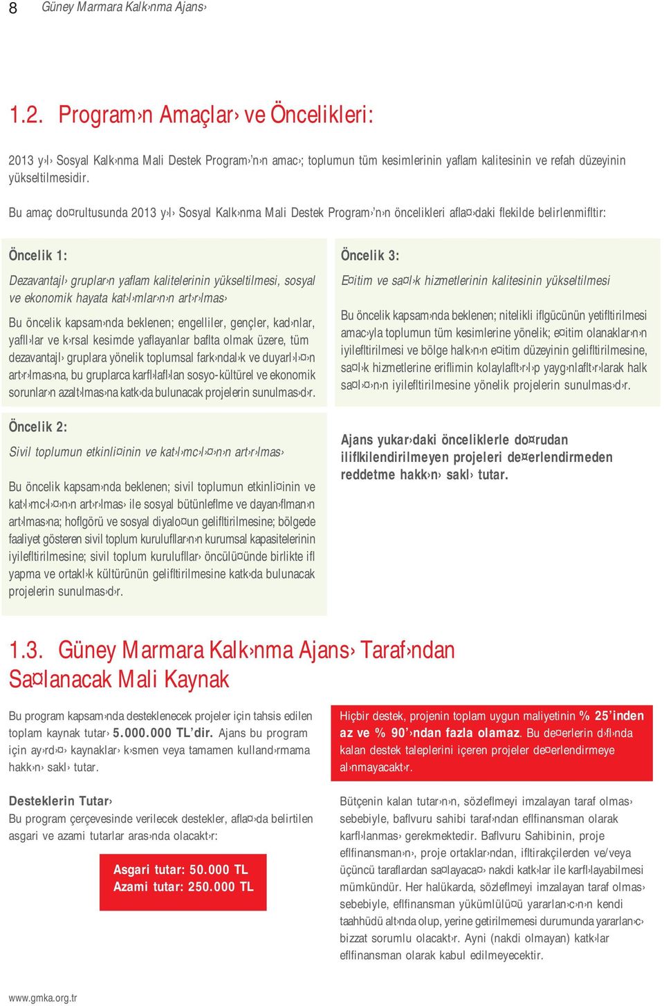 Bu amaç do rultusunda 2013 y l Sosyal Kalk nma Mali Destek Program n n öncelikleri afla daki flekilde belirlenmifltir: Öncelik 1: Dezavantajl gruplar n yaflam kalitelerinin yükseltilmesi, sosyal ve