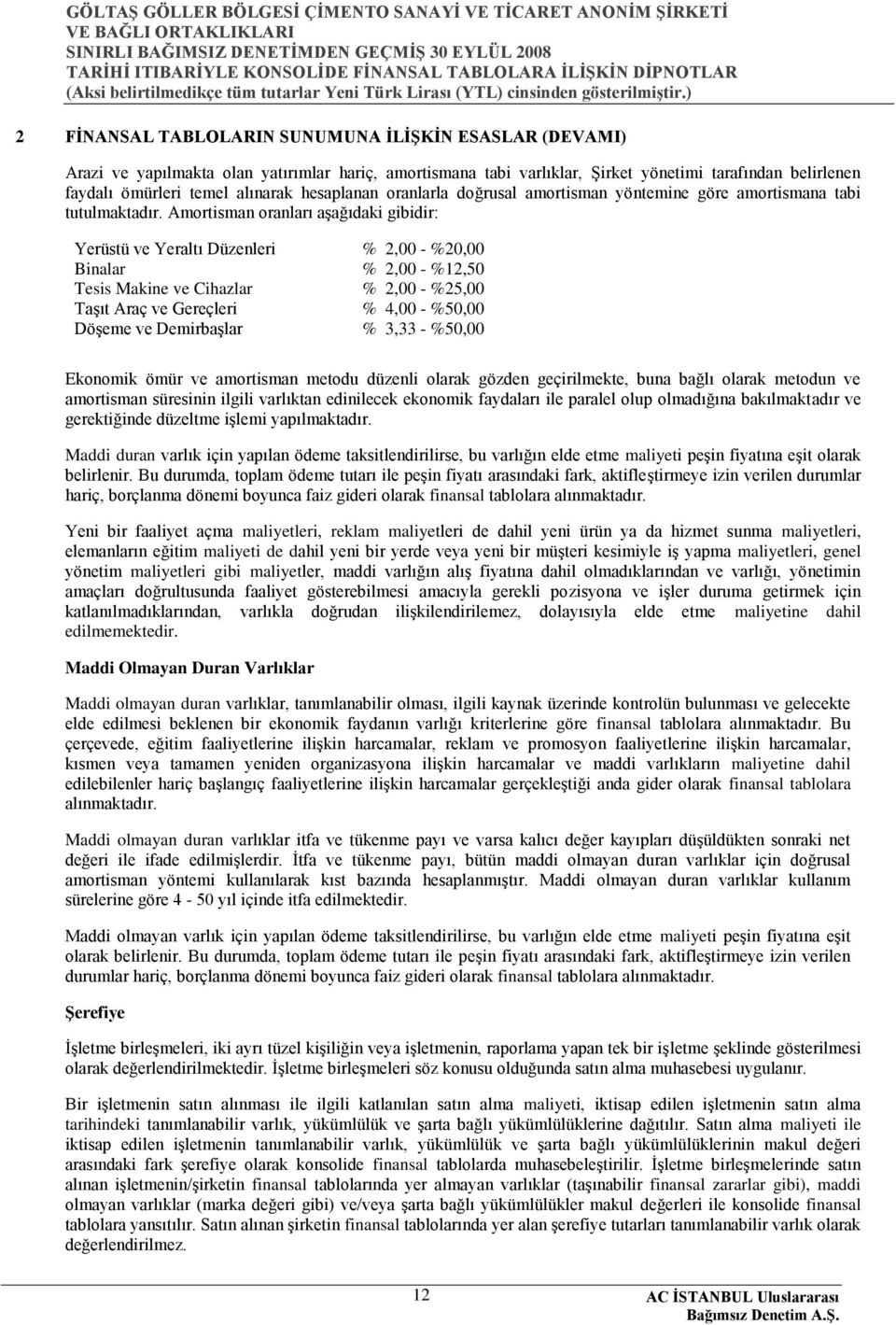 Amortisman oranları aģağıdaki gibidir: Yerüstü ve Yeraltı Düzenleri % 2,00 - %20,00 Binalar % 2,00 - %12,50 Tesis Makine ve Cihazlar % 2,00 - %25,00 TaĢıt Araç ve Gereçleri % 4,00 - %50,00 DöĢeme ve