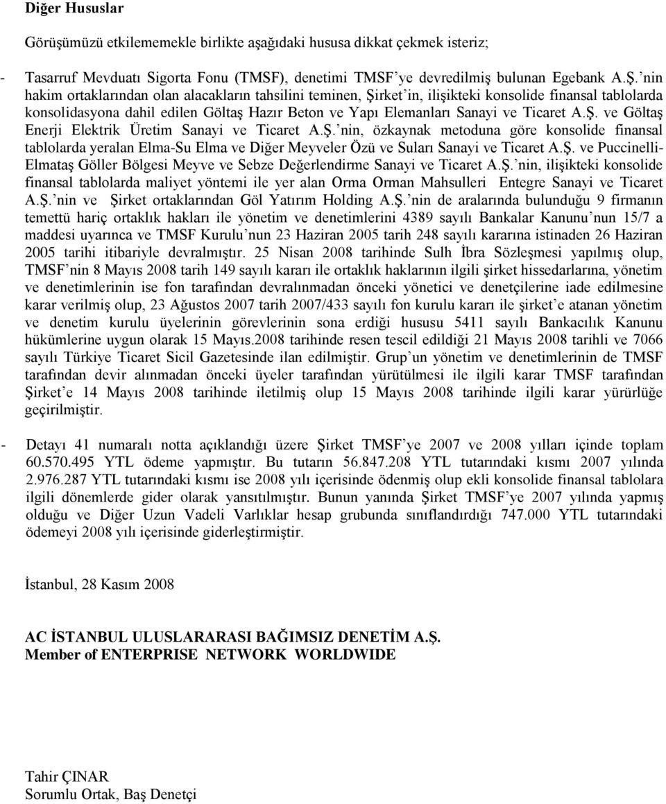 ġ. nin, özkaynak metoduna göre konsolide finansal tablolarda yeralan Elma-Su Elma ve Diğer Meyveler Özü ve Suları Sanayi ve Ticaret A.ġ. ve Puccinelli- ElmataĢ Göller Bölgesi Meyve ve Sebze Değerlendirme Sanayi ve Ticaret A.