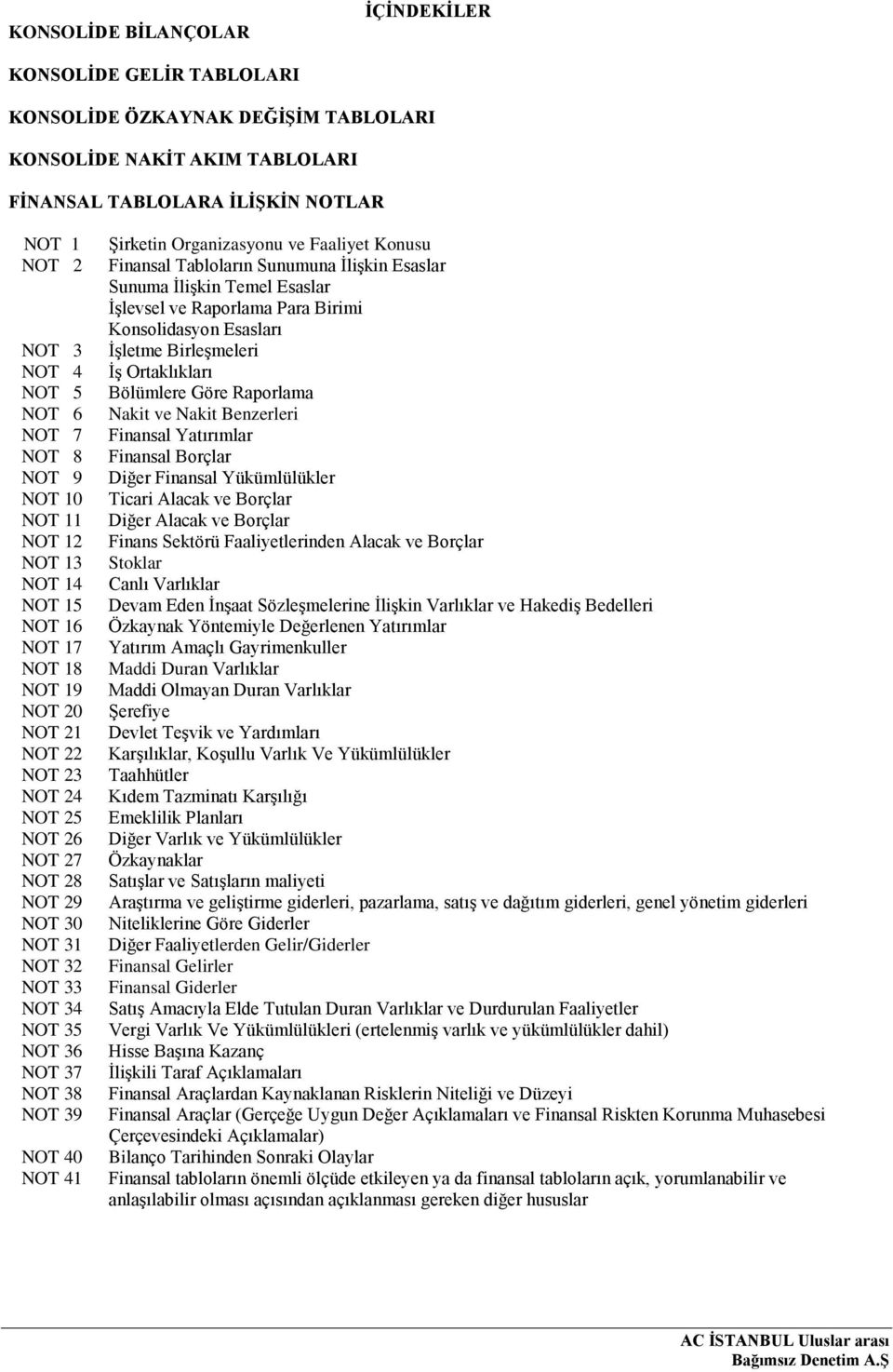 NOT 36 NOT 37 NOT 38 NOT 39 NOT 40 NOT 41 ġirketin Organizasyonu ve Faaliyet Konusu Finansal Tabloların Sunumuna ĠliĢkin Esaslar Sunuma ĠliĢkin Temel Esaslar ĠĢlevsel ve Raporlama Para Birimi