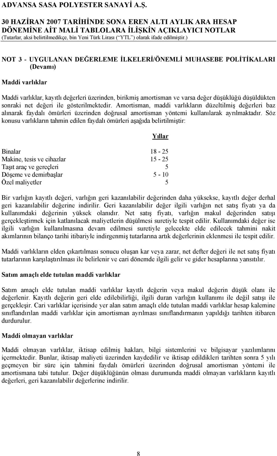 Söz konusu varlıkların tahmin edilen faydalı ömürleri aşağıda belirtilmiştir: Yıllar Binalar 18-25 Makine, tesis ve cihazlar 15-25 Taşıt araç ve gereçleri 5 Döşeme ve demirbaşlar 5-10 Özel maliyetler