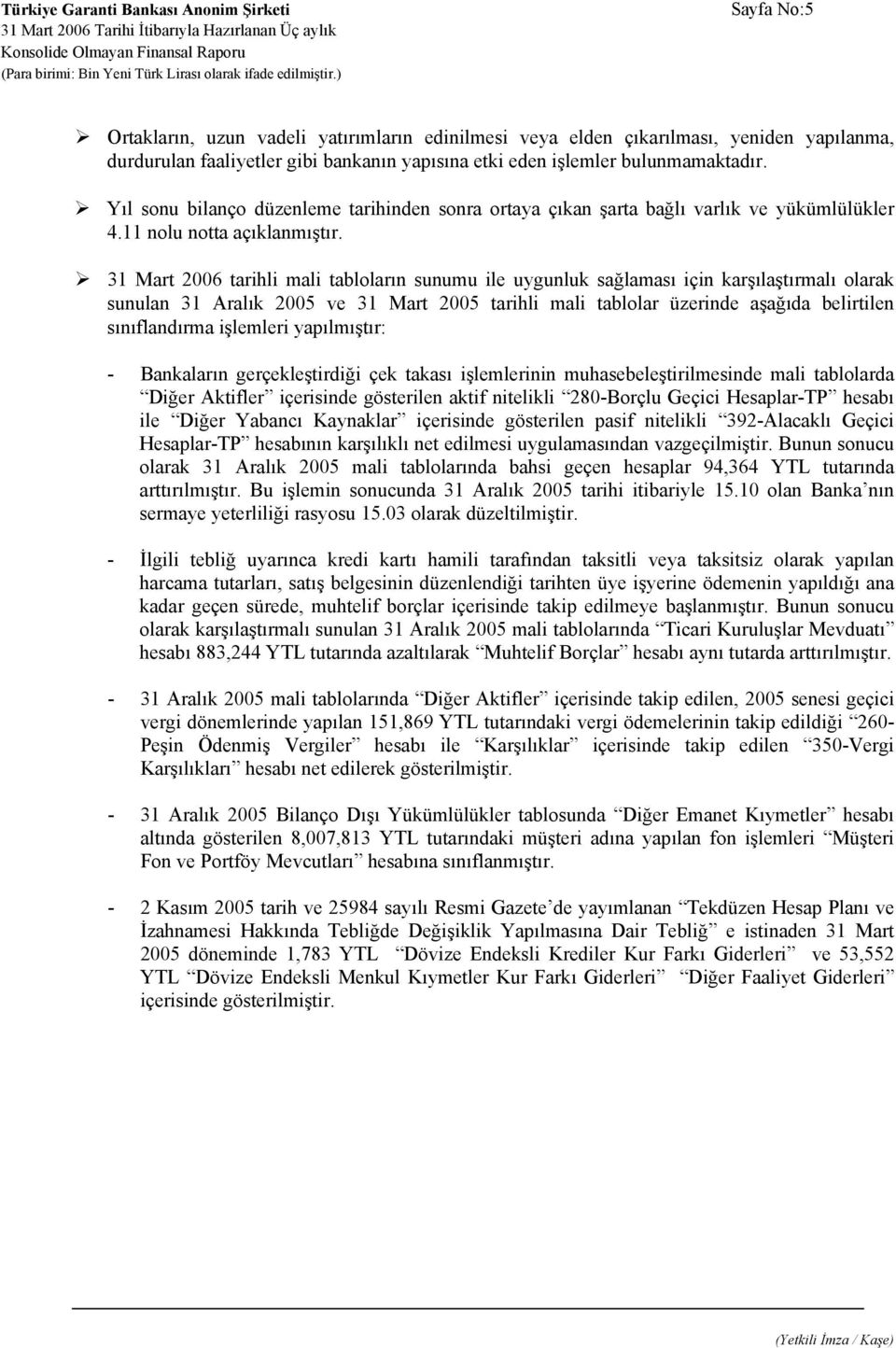 31 Mart 2006 tarihli mali tabloların sunumu ile uygunluk sağlaması için karşılaştırmalı olarak sunulan 31 Aralık 2005 ve 31 Mart 2005 tarihli mali tablolar üzerinde aşağıda belirtilen sınıflandırma