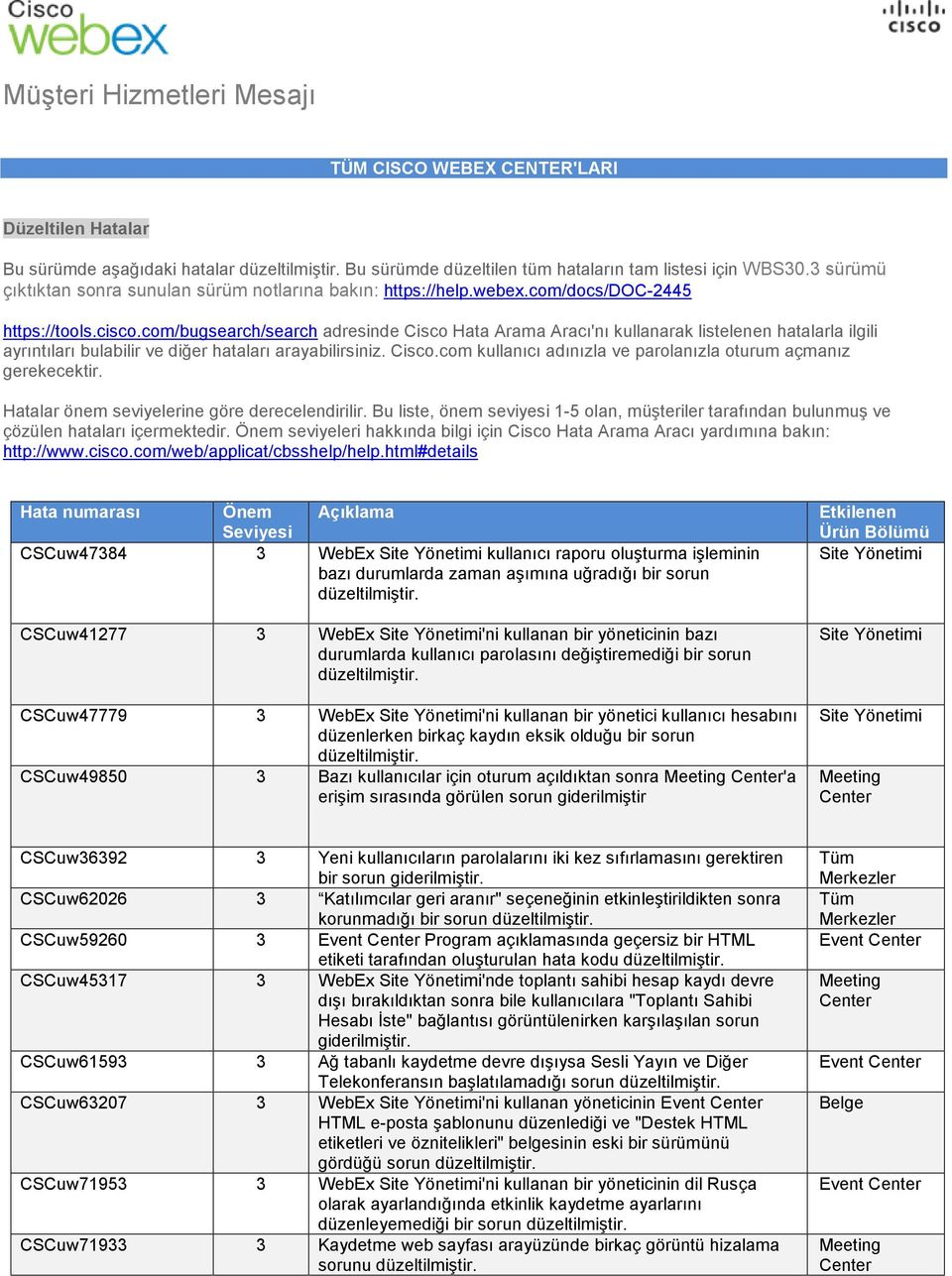 com/bugsearch/search adresinde Cisco Hata Arama Aracı'nı kullanarak listelenen hatalarla ilgili ayrıntıları bulabilir ve diğer hataları arayabilirsiniz. Cisco.com kullanıcı adınızla ve parolanızla oturum açmanız gerekecektir.