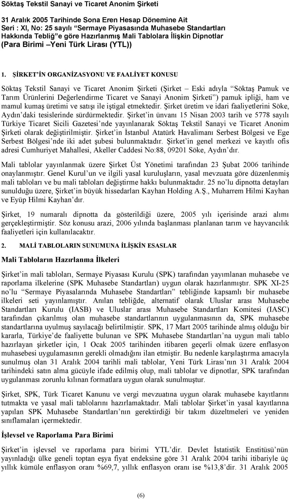 ipliği, ham ve mamul kumaş üretimi ve satışı ile iştigal etmektedir. Şirket üretim ve idari faaliyetlerini Söke, Aydın daki tesislerinde sürdürmektedir.