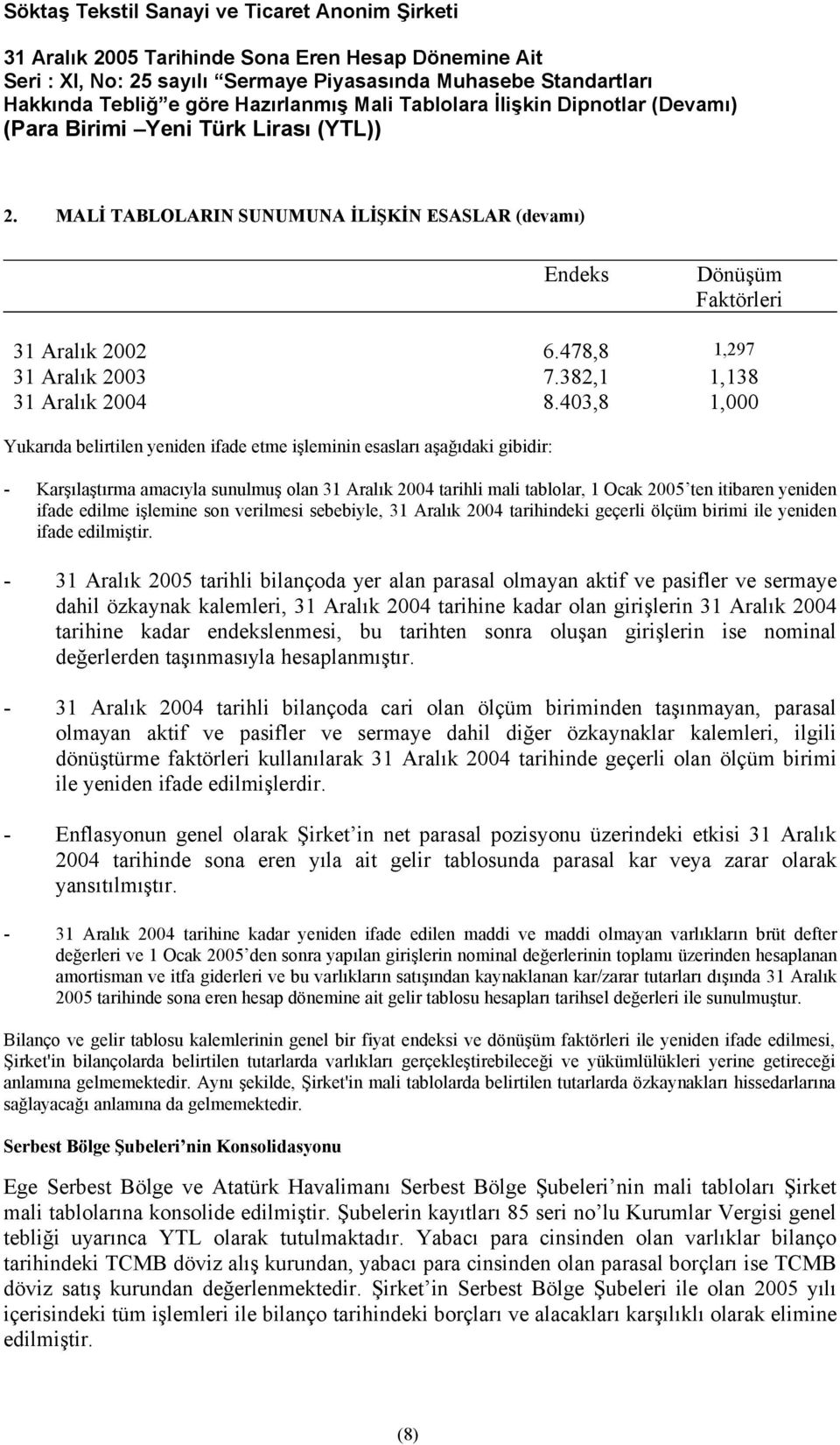 ifade edilme işlemine son verilmesi sebebiyle, 31 Aralık 2004 tarihindeki geçerli ölçüm birimi ile yeniden ifade edilmiştir.