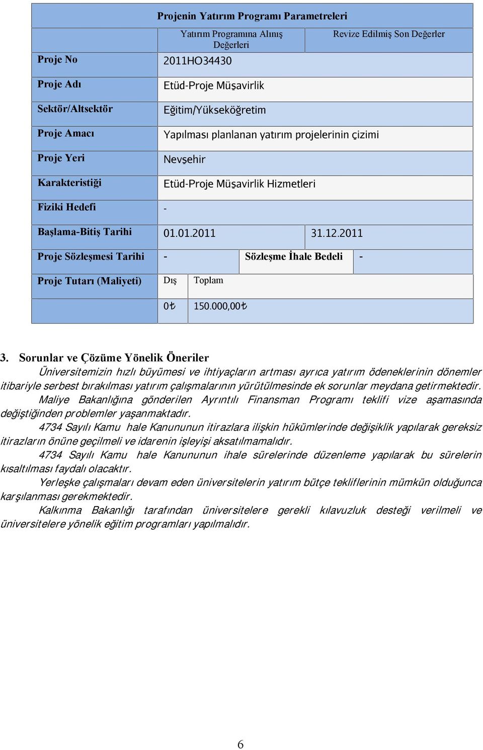 2011 22. Proje Sözleşmesi Tarihi23. - 24. Sözleşme İhale Bedeli - 25. Proje Tutarı (Maliyeti) Dış Toplam 26. 0 150.000,00 Revize Edilmiş Son Değerler 3.