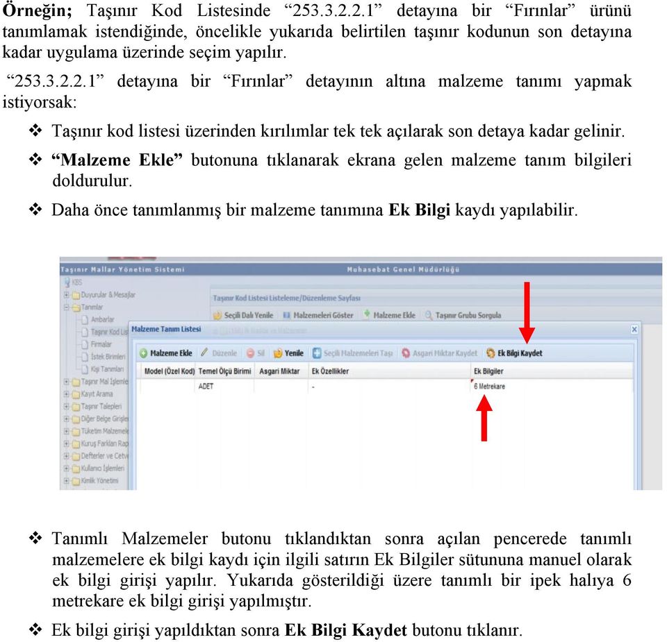 v Tanımlı Malzemeler butonu tıklandıktan sonra açılan pencerede tanımlı malzemelere ek bilgi kaydı için ilgili satırın Ek Bilgiler sütununa manuel olarak ek bilgi girişi yapılır.