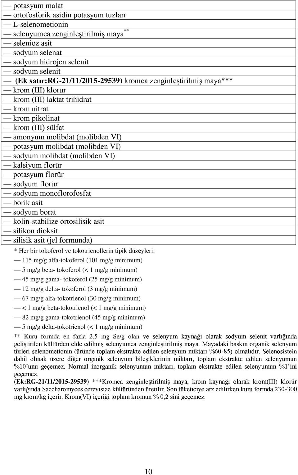 (molibden VI) sodyum molibdat (molibden VI) kalsiyum florür potasyum florür sodyum florür sodyum monoflorofosfat borik asit sodyum borat kolin-stabilize ortosilisik asit silikon dioksit silisik asit