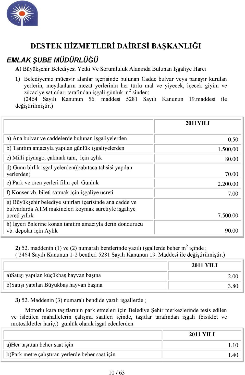 maddesi 5281 Sayılı Kanunun 19.maddesi ile değiģtirilmiģtir.) 2011YILI a) Ana bulvar ve caddelerde bulunan iģgaliyelerden 0,50 b) Tanıtım amacıyla yapılan günlük iģgaliyelerden 1.