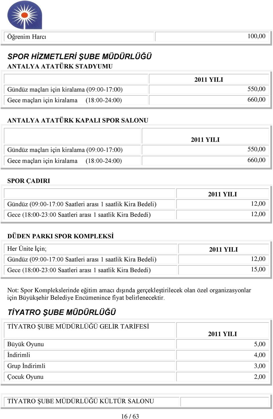 (18:00-23:00 Saatleri arası 1 saatlik Kira Bededi) 12,00 DÜDEN PARKI SPOR KOMPLEKSĠ Her Ünite Ġçin; Gündüz (09:00-17:00 Saatleri arası 1 saatlik Kira Bedeli) 12,00 Gece (18:00-23:00 Saatleri arası 1