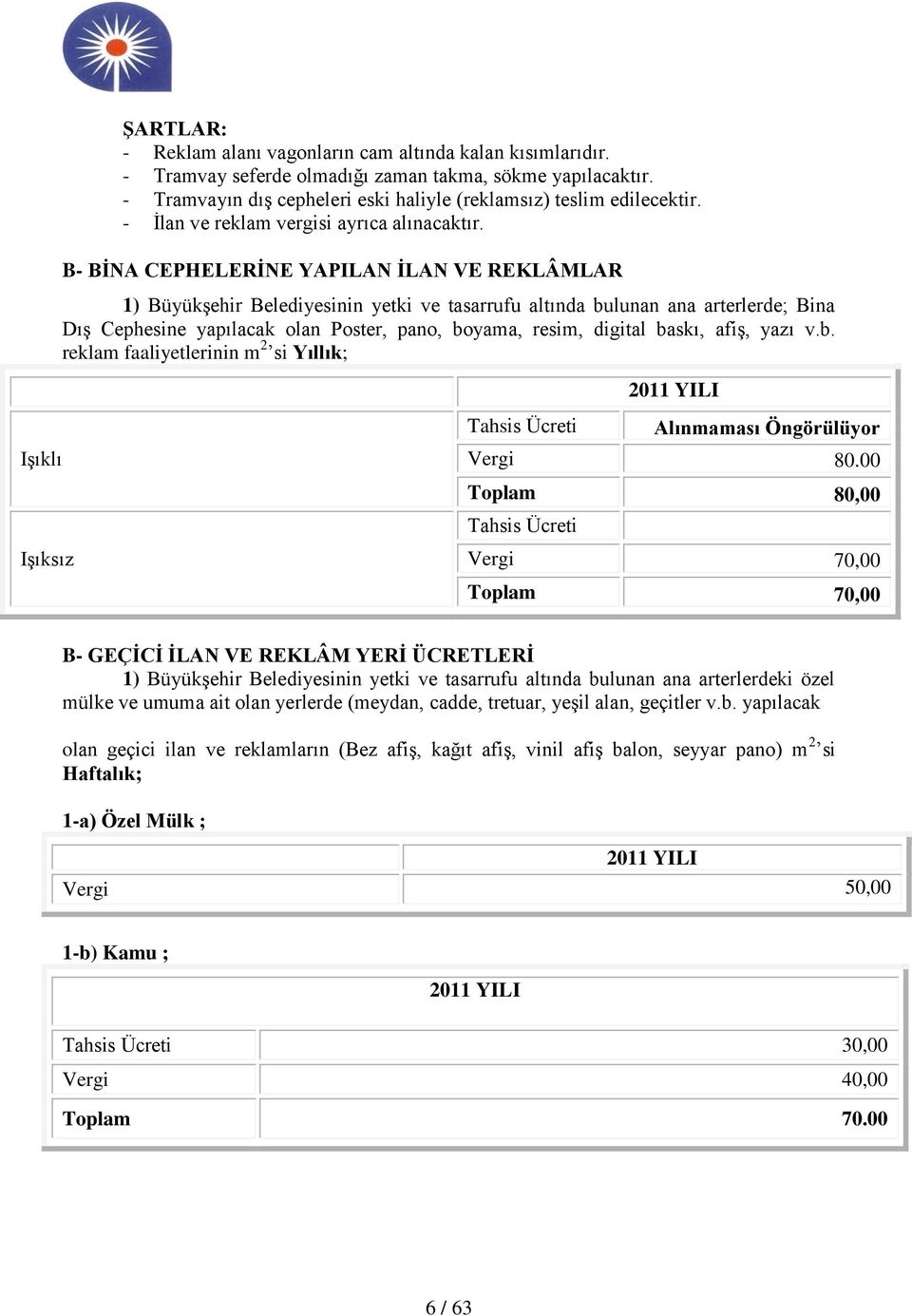 B- BĠNA CEPHELERĠNE YAPILAN ĠLAN VE REKLÂMLAR 1) BüyükĢehir Belediyesinin yetki ve tasarrufu altında bulunan ana arterlerde; Bina DıĢ Cephesine yapılacak olan Poster, pano, boyama, resim, digital