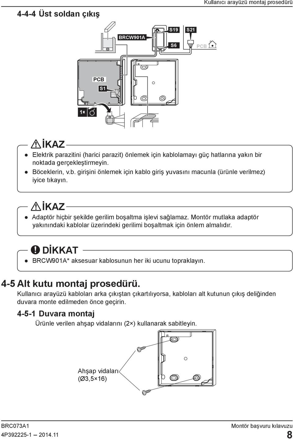 Montör mutlaka adaptör yakınındaki kablolar üzerindeki gerilimi boşaltmak için önlem almalıdır. DİKKAT BRCW901A* aksesuar kablosunun her iki ucunu topraklayın. 4-5 Alt kutu montaj prosedürü.