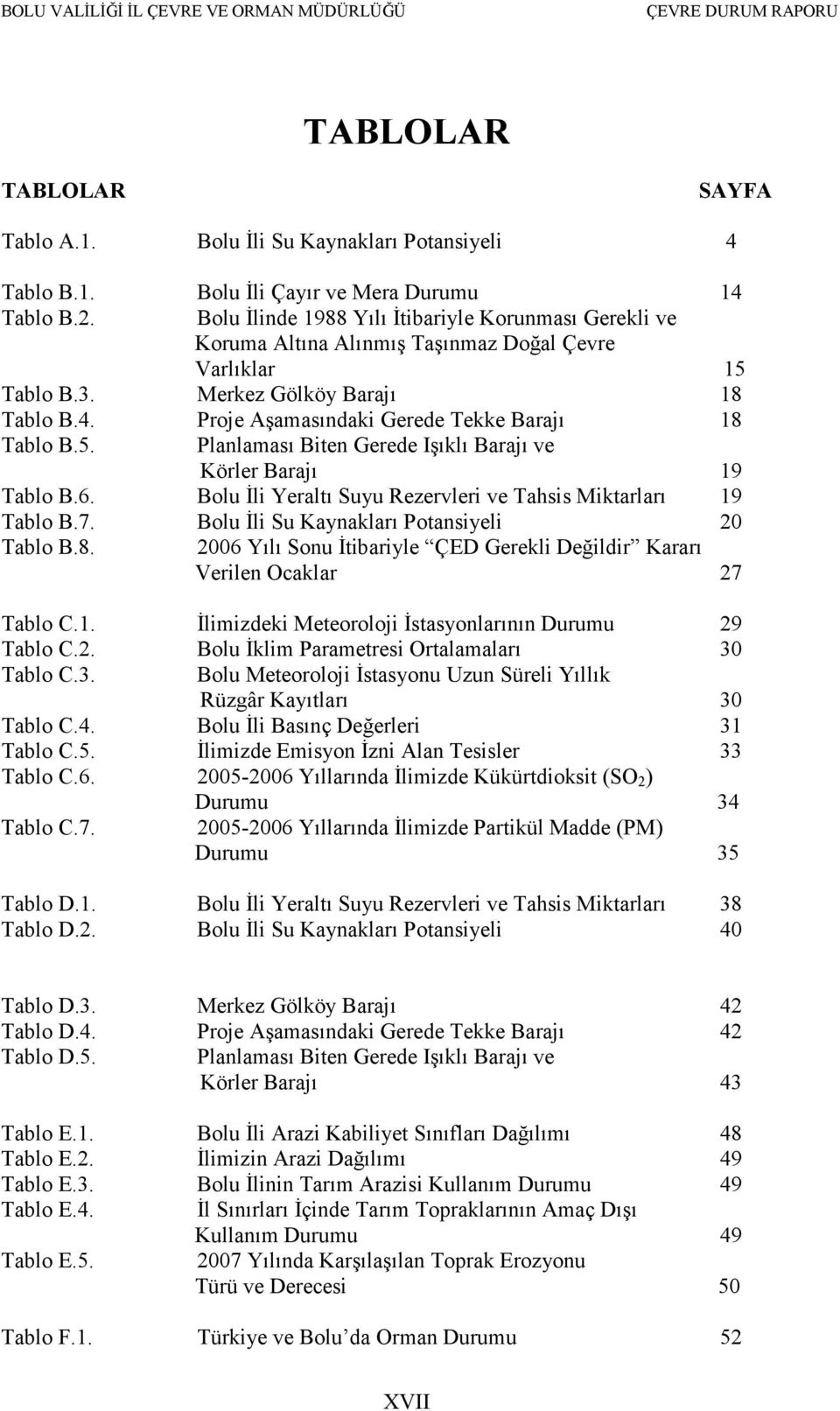 Proje Aşamasındaki Gerede Tekke Barajı 18 Tablo B.5. Planlaması Biten Gerede Işıklı Barajı ve Körler Barajı 19 Tablo B.6. Bolu Đli Yeraltı Suyu Rezervleri ve Tahsis Miktarları 19 Tablo B.7.