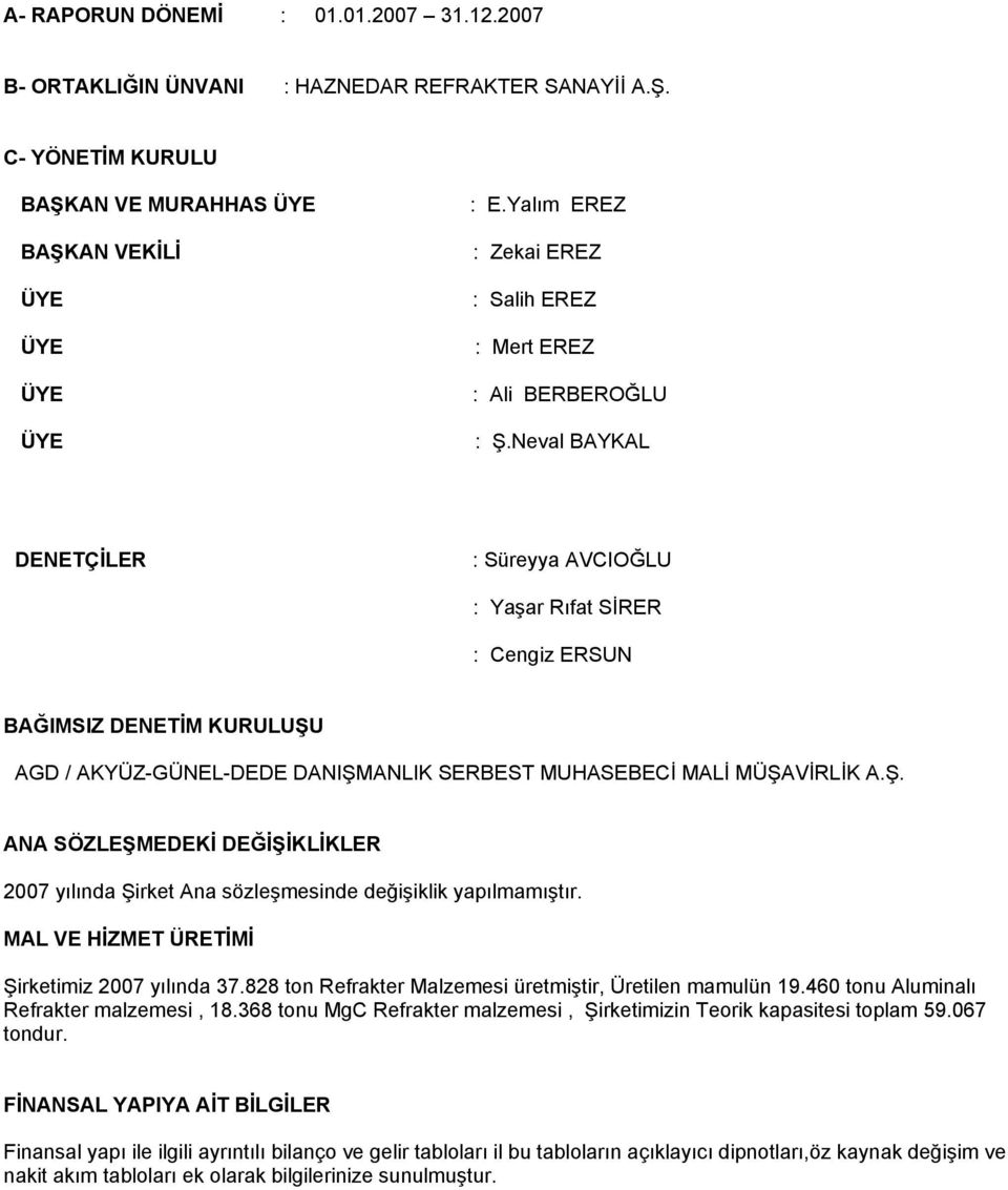 Neval BAYKAL DENETÇİLER : Süreyya AVCIOĞLU : Yaşar Rıfat SİRER : Cengiz ERSUN BAĞIMSIZ DENETİM KURULUŞU AGD / AKYÜZ-GÜNEL-DEDE DANIŞMANLIK SERBEST MUHASEBECİ MALİ MÜŞAVİRLİK A.Ş. ANA SÖZLEŞMEDEKİ DEĞİŞİKLİKLER 2007 yılında Şirket Ana sözleşmesinde değişiklik yapılmamıştır.