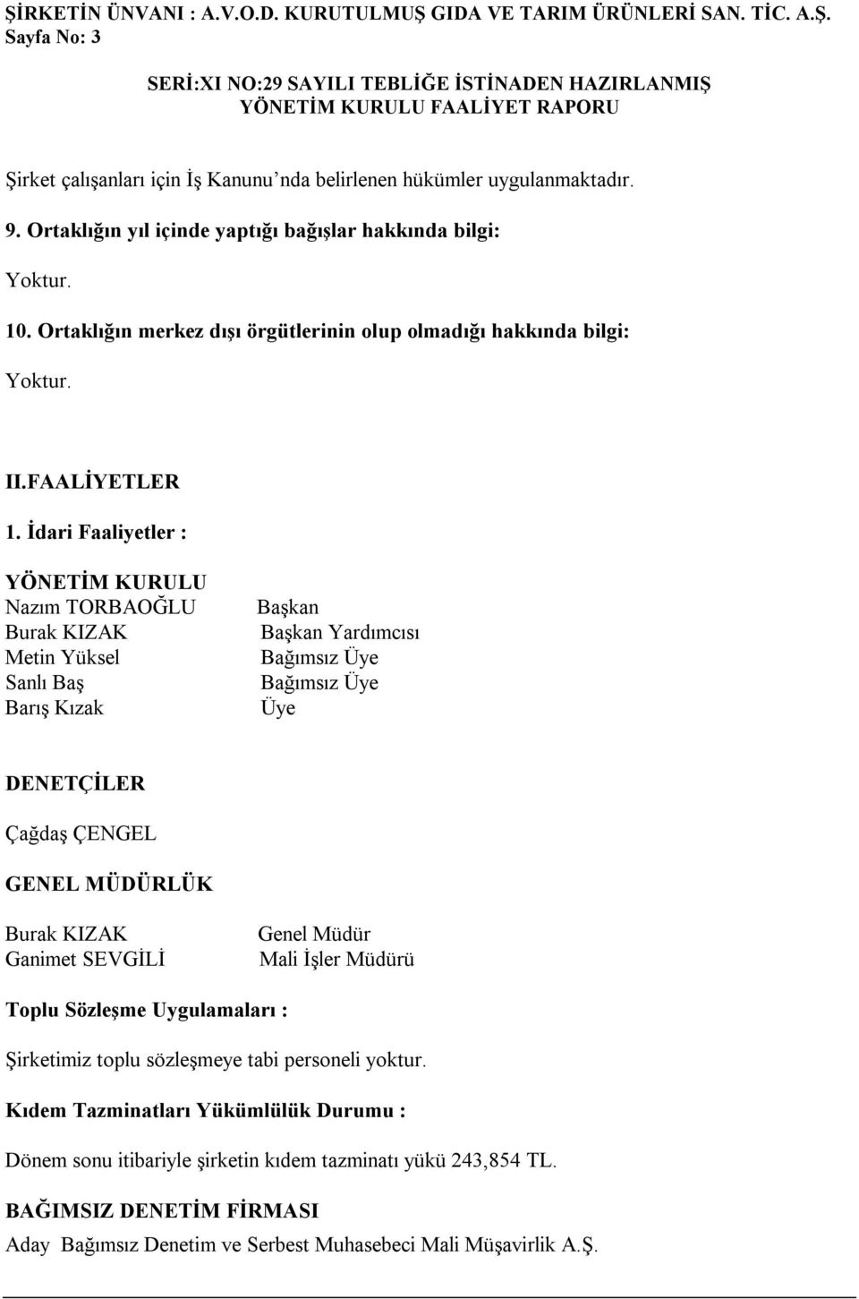 İdari Faaliyetler : YÖNETİM KURULU Nazım TORBAOĞLU Burak KIZAK Metin Yüksel Sanlı Baş Barış Kızak Başkan Başkan Yardımcısı Üye DENETÇİLER Çağdaş ÇENGEL GENEL MÜDÜRLÜK Burak KIZAK Ganimet