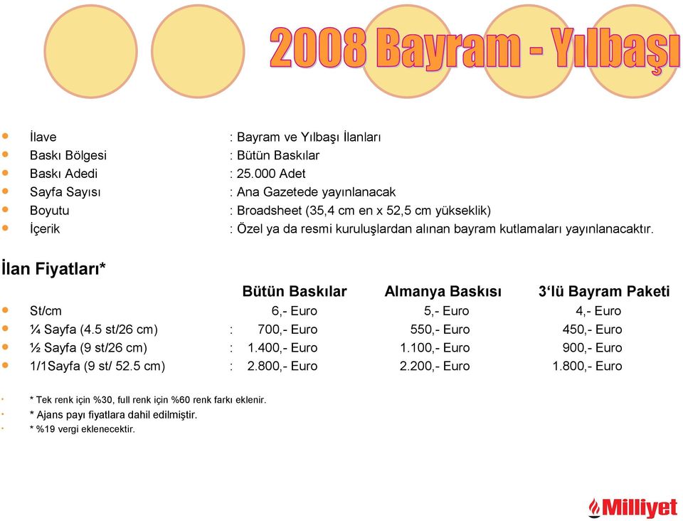 kutlamaları yayınlanacaktır. İlan Fiyatları* Bütün Baskılar Almanya Baskısı 3 lü Bayram Paketi St/cm 6,- Euro 5,- Euro 4,- Euro ¼ Sayfa (4.