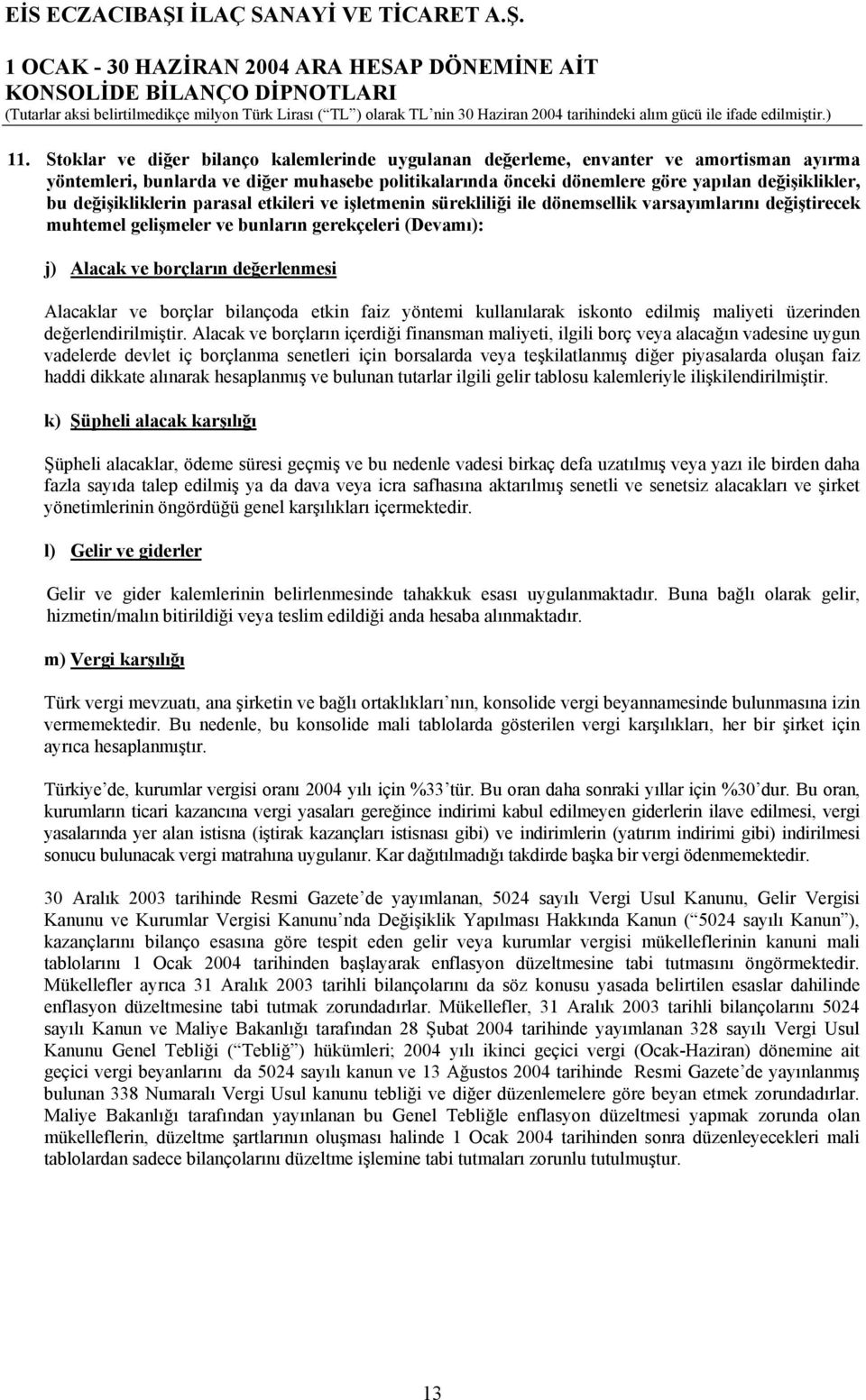 Alacaklar ve borçlar bilançoda etkin faiz yöntemi kullanılarak iskonto edilmiş maliyeti üzerinden değerlendirilmiştir.