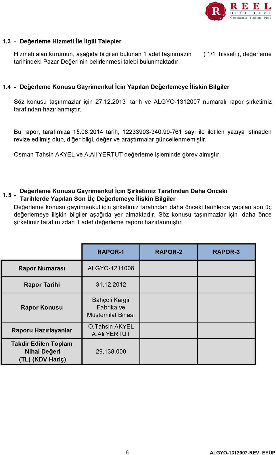 2013 tarih ve ALGYO-1312007 numaralı rapor şirketimiz tarafından hazırlanmıştır. Bu rapor, tarafımıza 15.08.2014 tarih, 12233903-340.