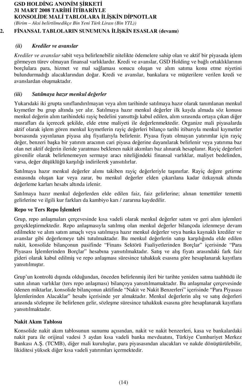 Kredi ve avanslar, GSD Holding ve balı ortaklıklarının borçlulara para, hizmet ve mal salaması sonucu oluan ve alım satıma konu etme niyetini bulundurmadıı alacaklarından doar.