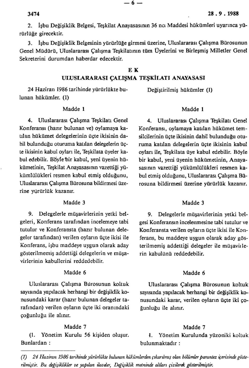 haberdar edecektir. EK ULUSLARARASI ÇALIŞMA TEŞKİLATI ANAYASASI 24 Haziran 1986 tarihinde yürürlükte bulunan hükümler. (1) Madde 1 4.