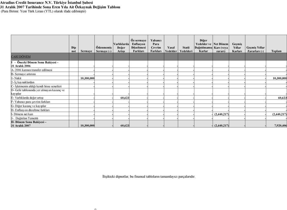 Aralık 2006 A- 2006 karının transfer edilmesi B- Sermaye artırımı 1- Nakit 10,300,000 10,300,000 2- İç kaynaklardan C- İşletmenin aldığı kendi hisse senetleri D- Gelir tablosunda yer almayan kazanç