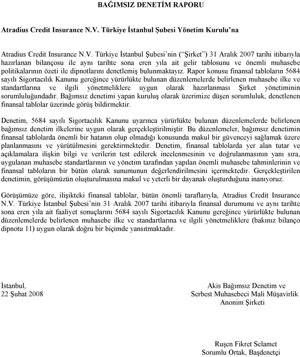 Türkiye İstanbul Şubesi nin ( Şirket ) 31 Aralık 2007 tarihi itibarıyla hazırlanan bilançosu ile aynı tarihte sona eren yıla ait gelir tablosunu ve önemli muhasebe politikalarının özeti ile