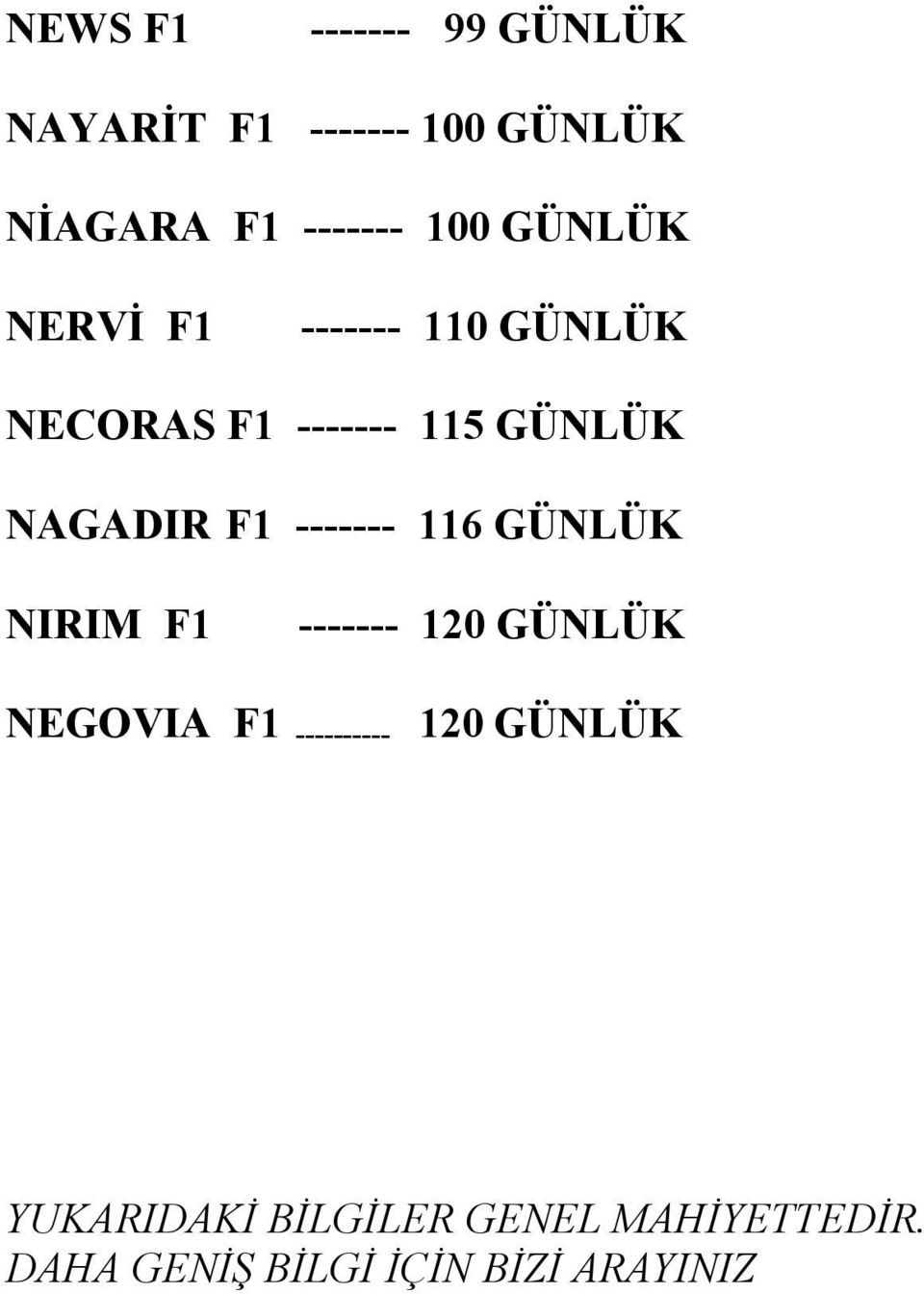 F1 ------- 116 GÜNLÜK NIRIM F1 ------- 120 GÜNLÜK NEGOVIA F1 ---------- 120