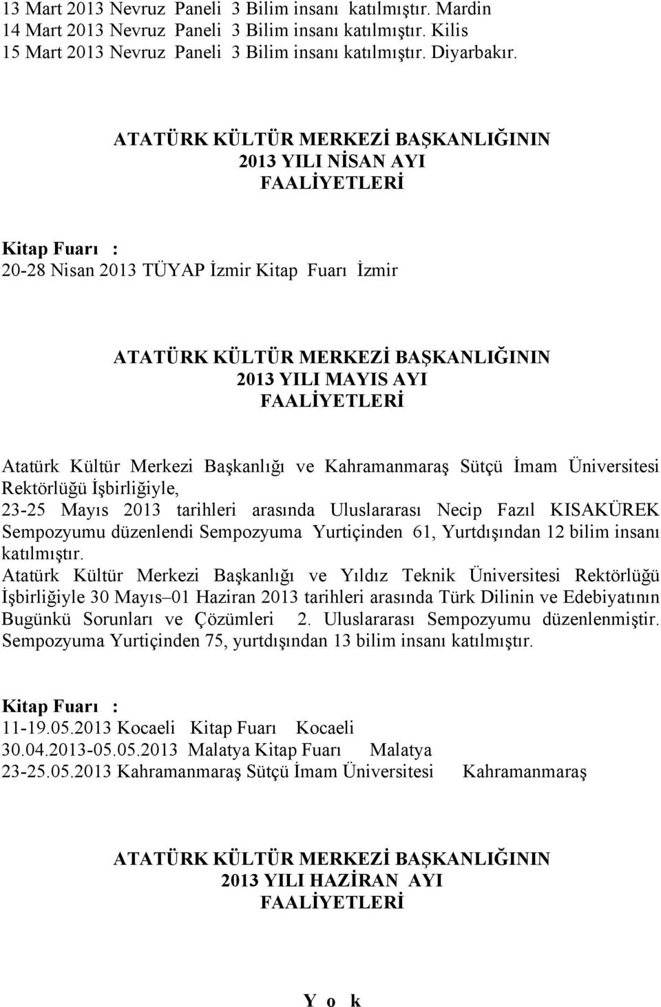 Üniversitesi Rektörlüğü İşbirliğiyle, 23-25 Mayıs 2013 tarihleri arasında Uluslararası Necip Fazıl KISAKÜREK Sempozyumu düzenlendi Sempozyuma Yurtiçinden 61, Yurtdışından 12 bilim insanı katılmıştır.