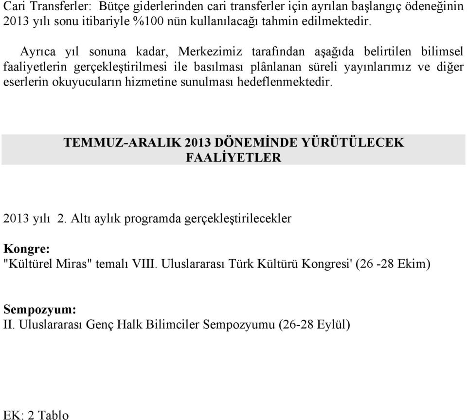 eserlerin okuyucuların hizmetine sunulması hedeflenmektedir. TEMMUZ-ARALIK 2013 DÖNEMİNDE YÜRÜTÜLECEK FAALİYETLER 2013 yılı 2.