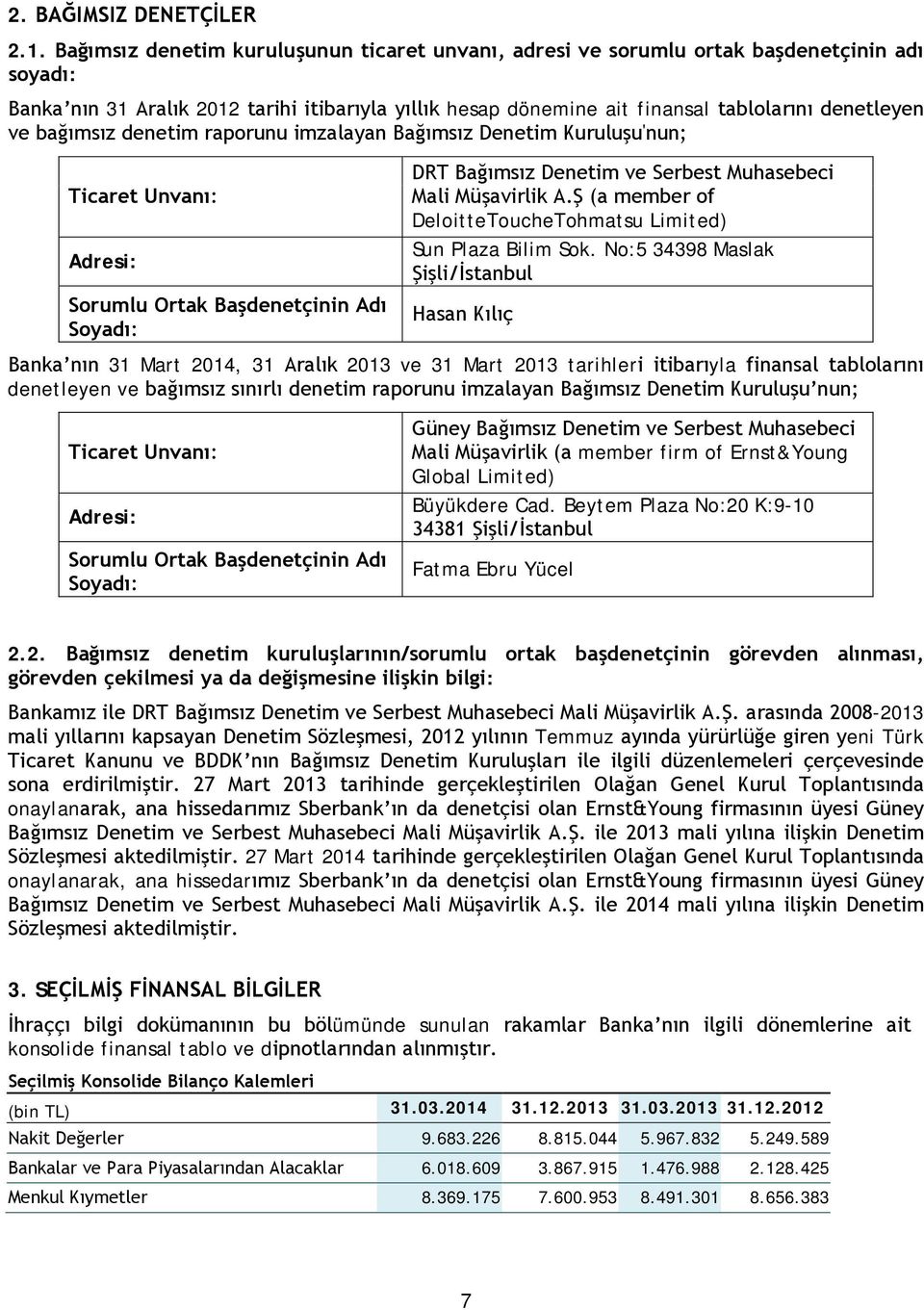 bağımsız denetim raporunu imzalayan Bağımsız Denetim Kuruluşu'nun; Ticaret Unvanı: Adresi: Sorumlu Ortak Başdenetçinin Adı Soyadı: DRT Bağımsız Denetim ve Serbest Muhasebeci Mali Müşavirlik A.