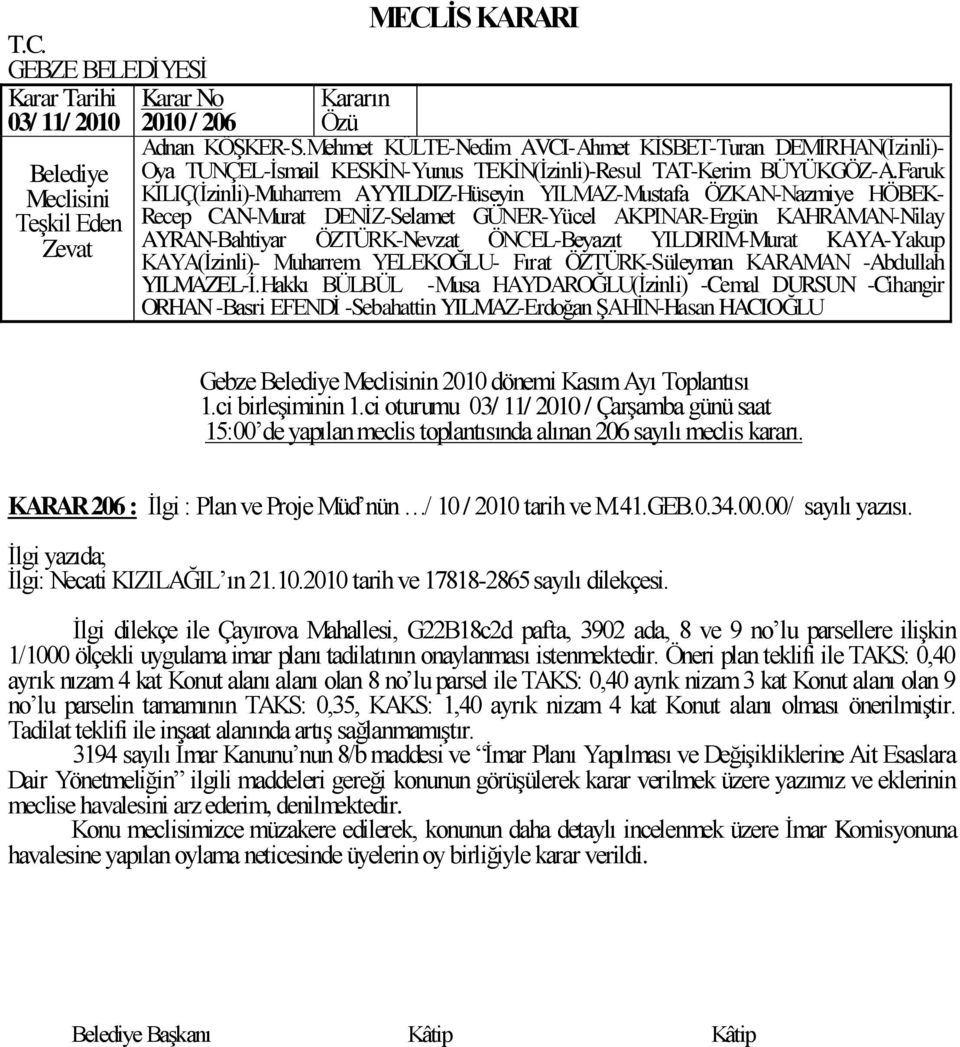 Ġlgi dilekçe ile Çayırova Mahallesi, G22B18c2d pafta, 3902 ada, 8 ve 9 no lu parsellere iliģkin 1/1000 ölçekli uygulama imar planı tadilatının onaylanması istenmektedir.