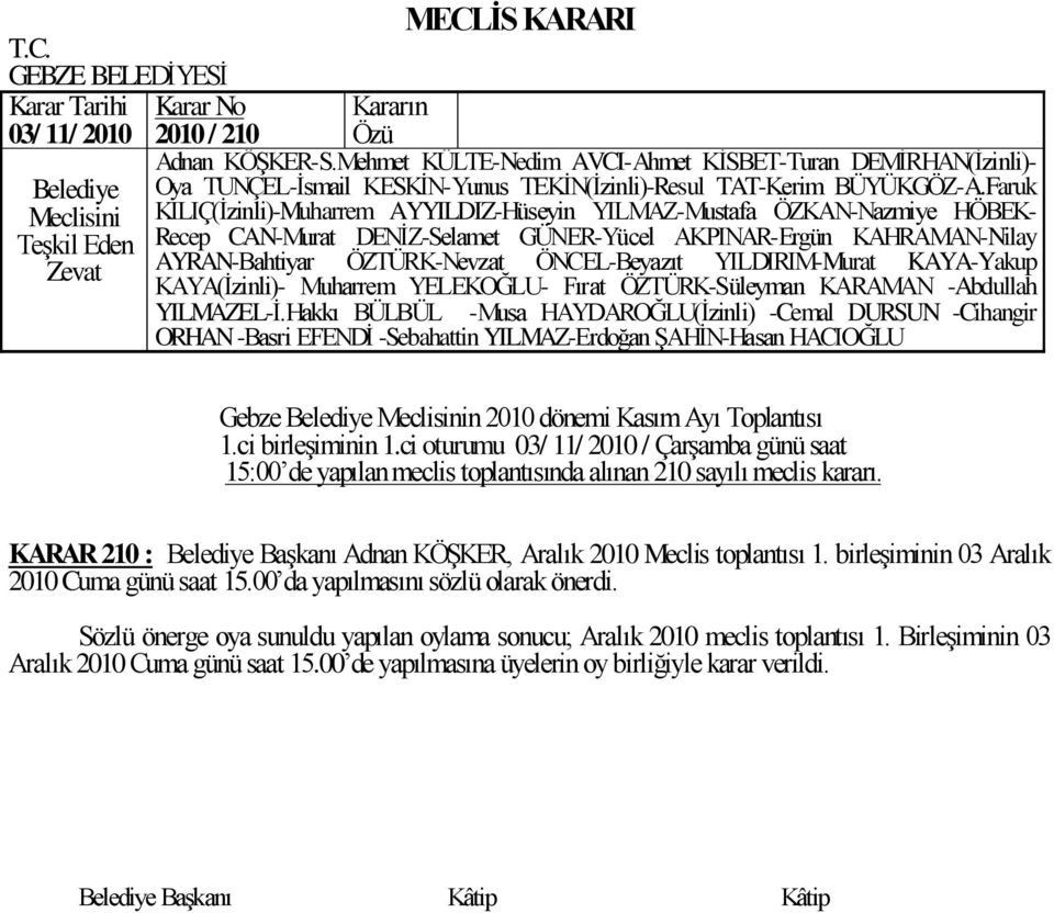 birleģiminin 03 Aralık 2010 Cuma günü saat 15.00 da yapılmasını sözlü olarak önerdi.