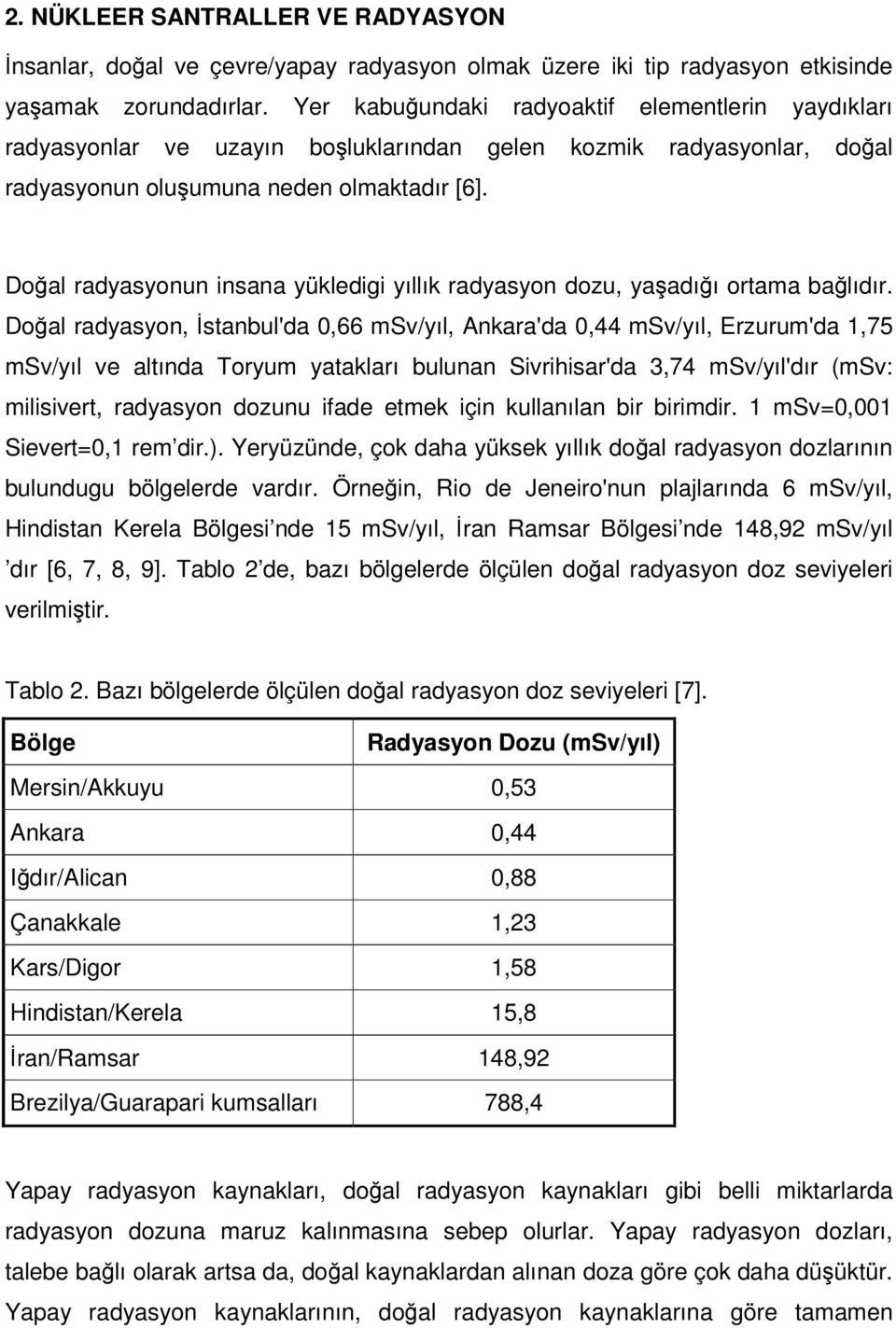 Doğal radyasyonun insana yükledigi yıllık radyasyon dozu, yaşadığı ortama bağlıdır.